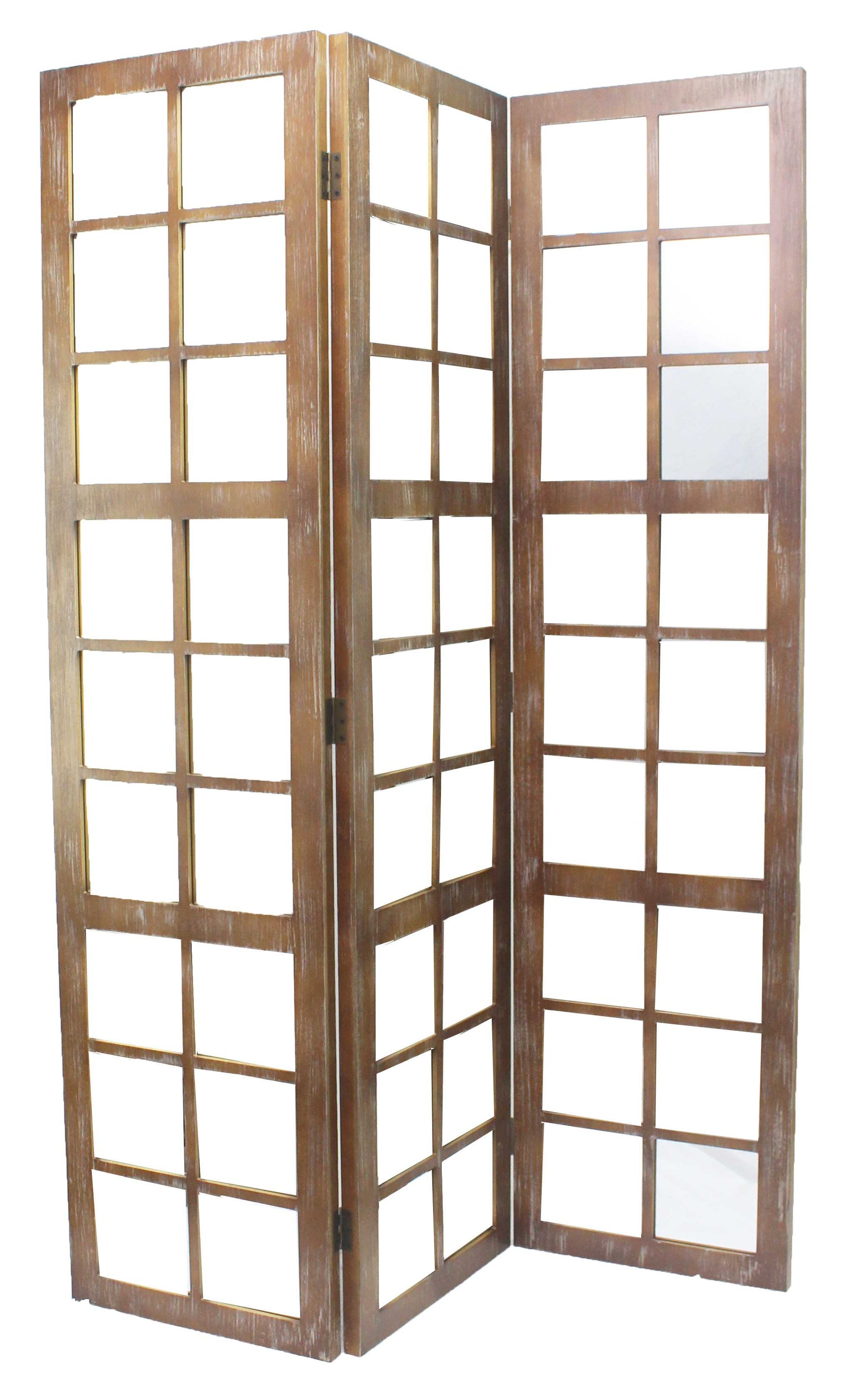 A stylish 3-panel brown wood mirror screen with vintage design, perfect for room division and decor enhancement.