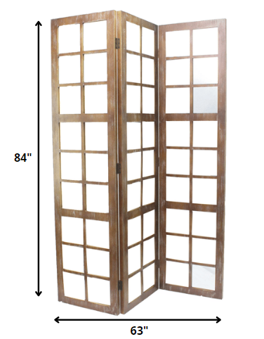A stylish 3-panel brown wood mirror screen with vintage design, perfect for room division and decor enhancement.