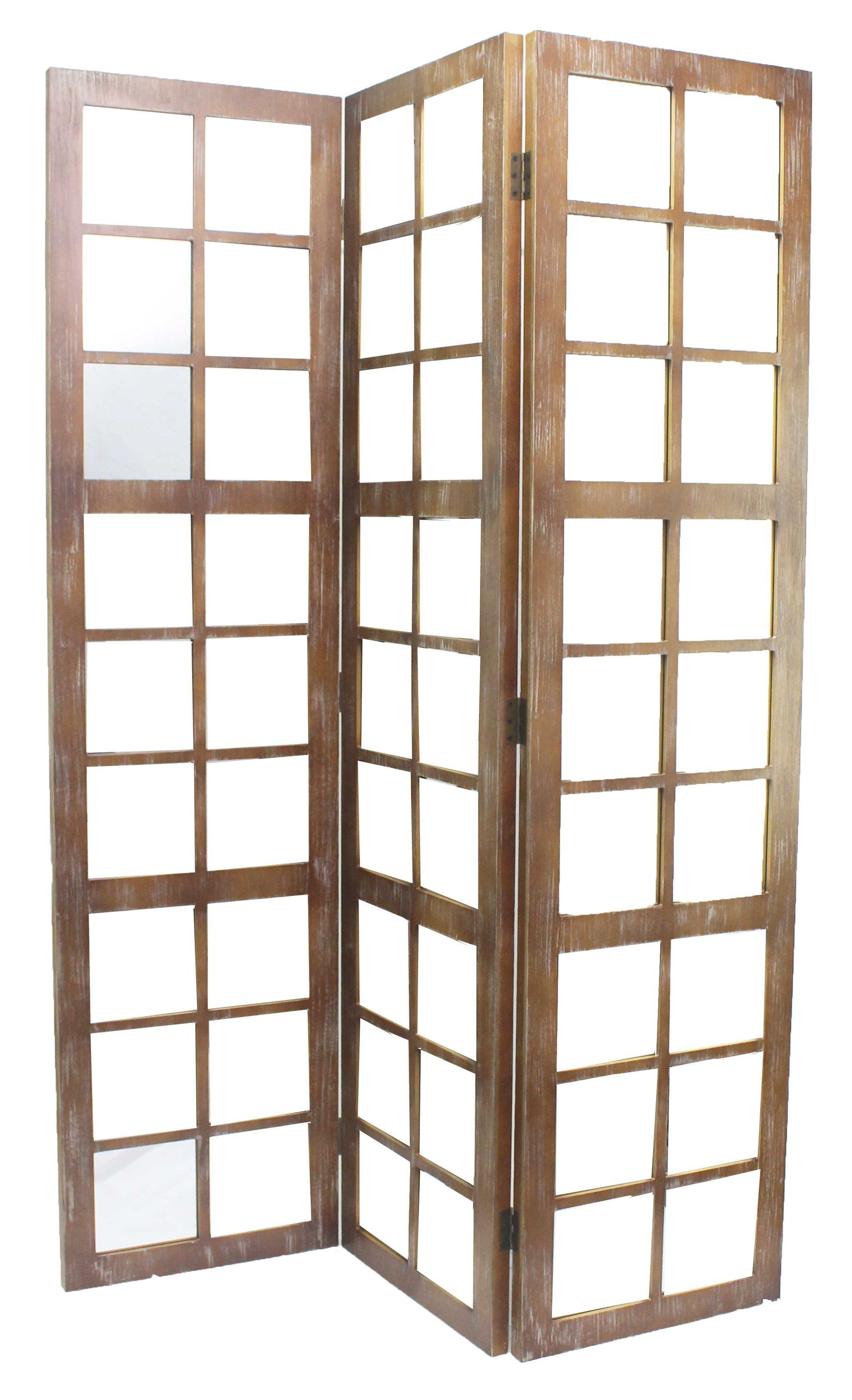 A stylish 3-panel brown wood mirror screen with vintage design, perfect for room division and decor enhancement.