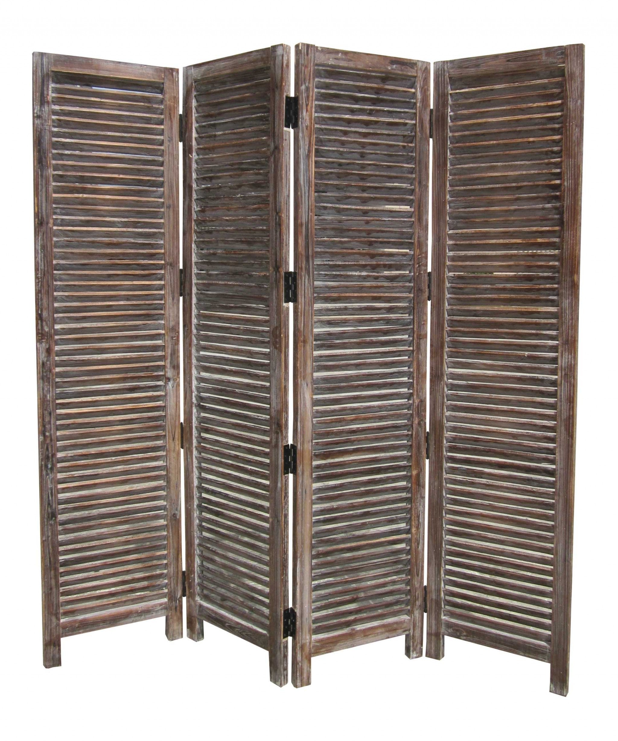 Elegant 4-panel brown wood screen with classic shutter design and weathered finish, perfect for room division and decor enhancement.