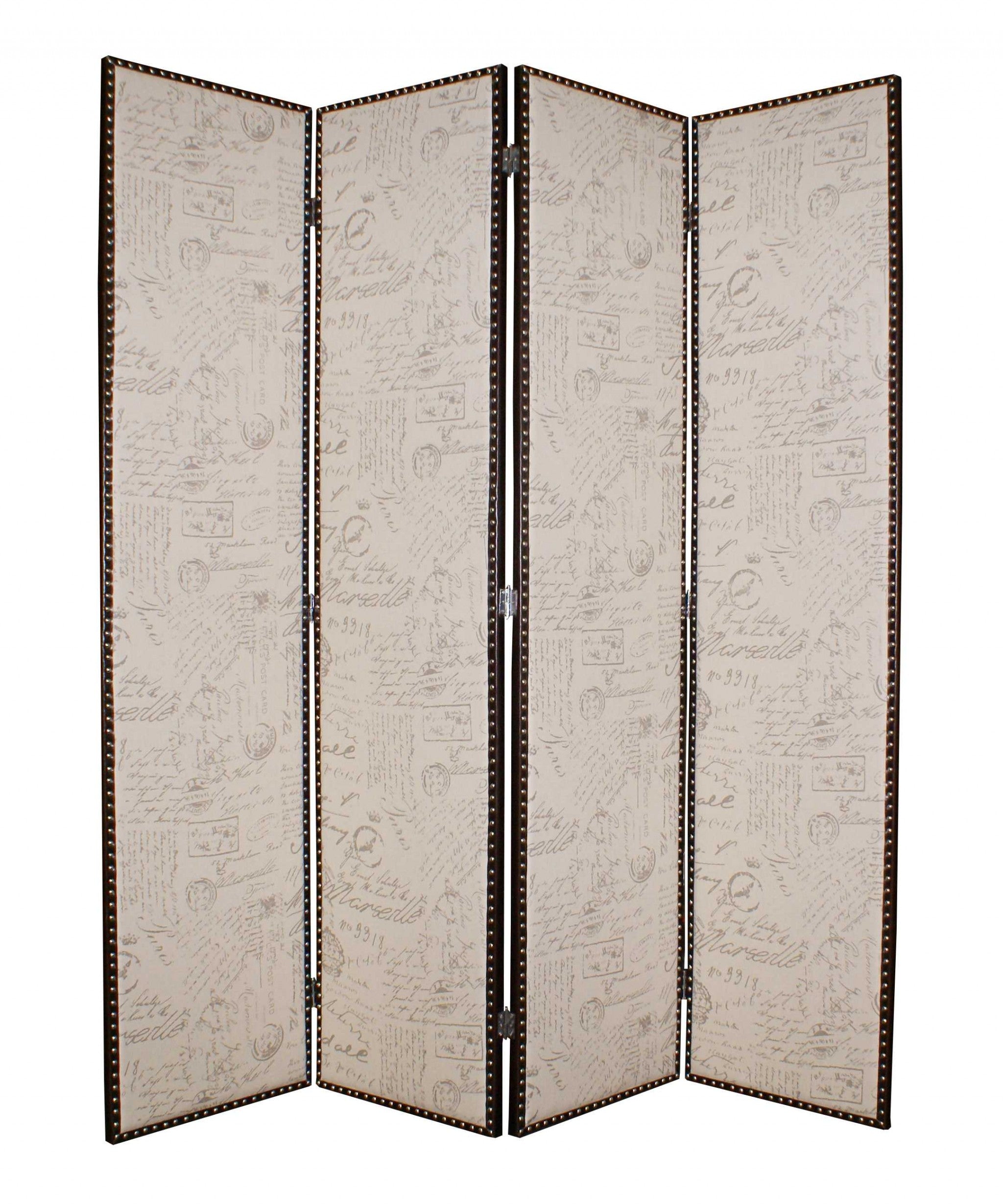A stylish 4-panel tan wood and fabric screen featuring tufted ash fabric with a letter pattern, perfect for contemporary home decor.