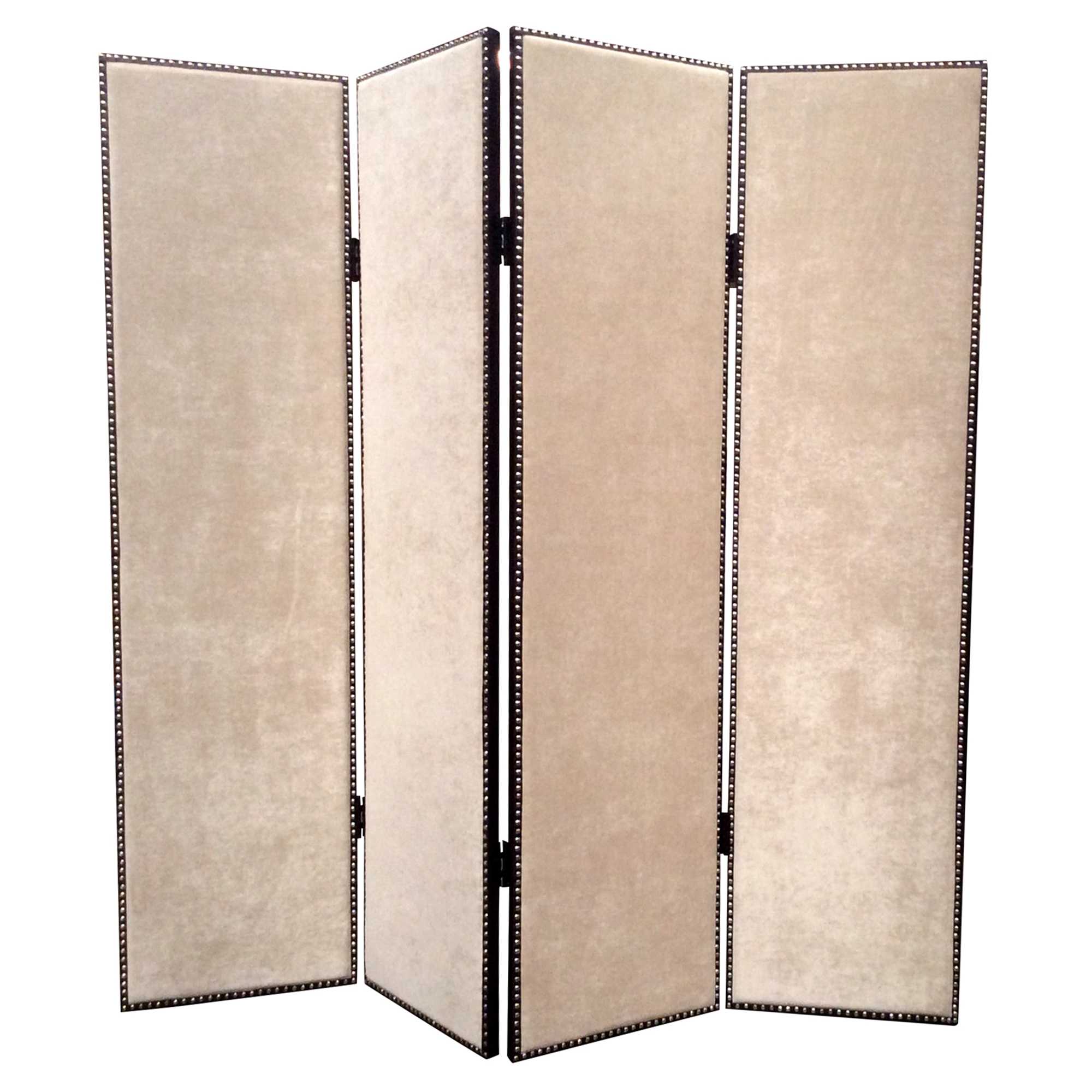 A stylish 4-panel tan wood and fabric screen featuring tufted ash fabric with a letter pattern, perfect for contemporary home decor.