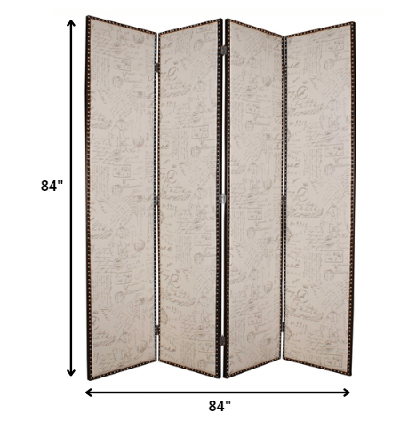 A stylish 4-panel tan wood and fabric screen featuring tufted ash fabric with a letter pattern, perfect for contemporary home decor.