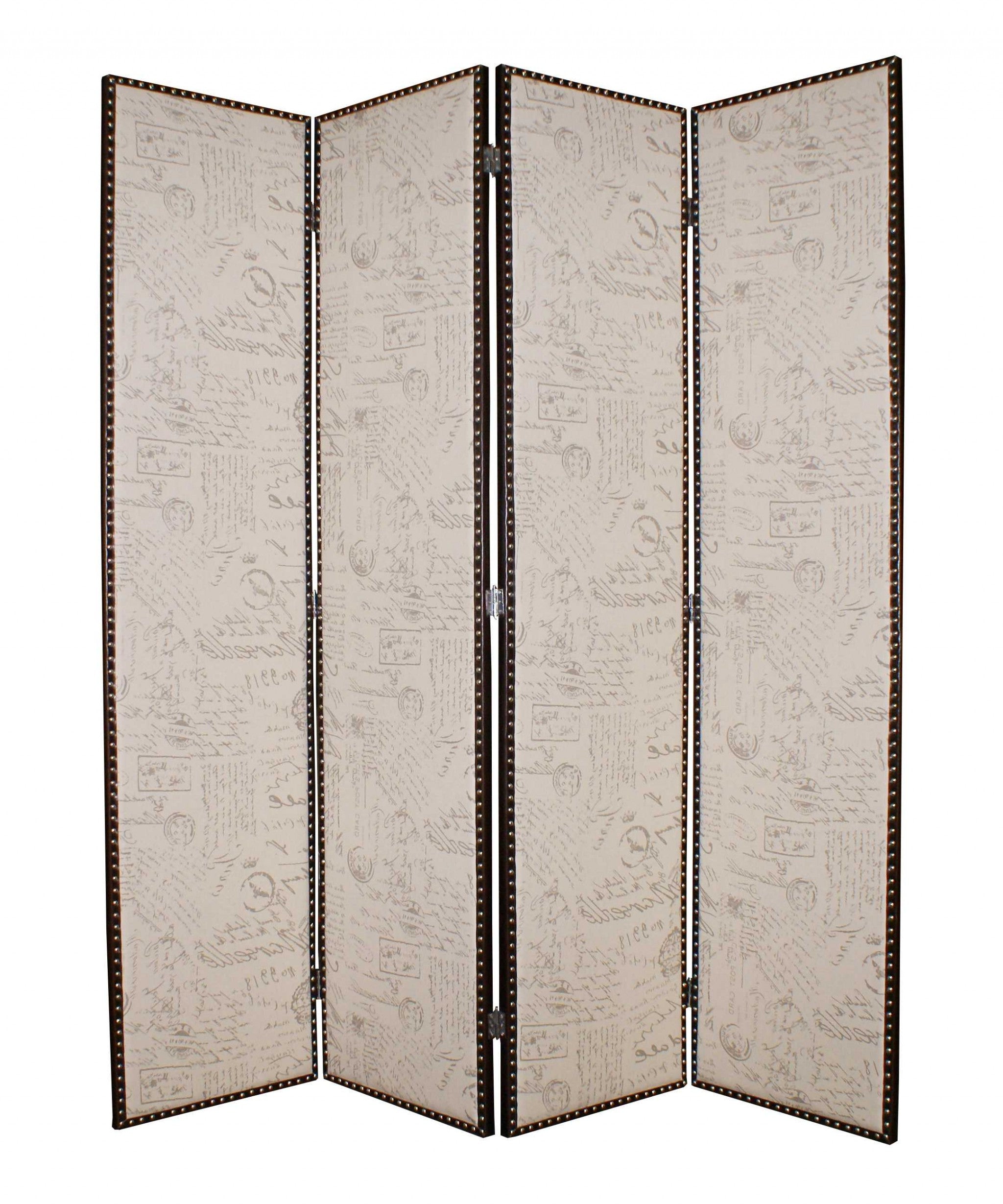 A stylish 4-panel tan wood and fabric screen featuring tufted ash fabric with a letter pattern, perfect for contemporary home decor.