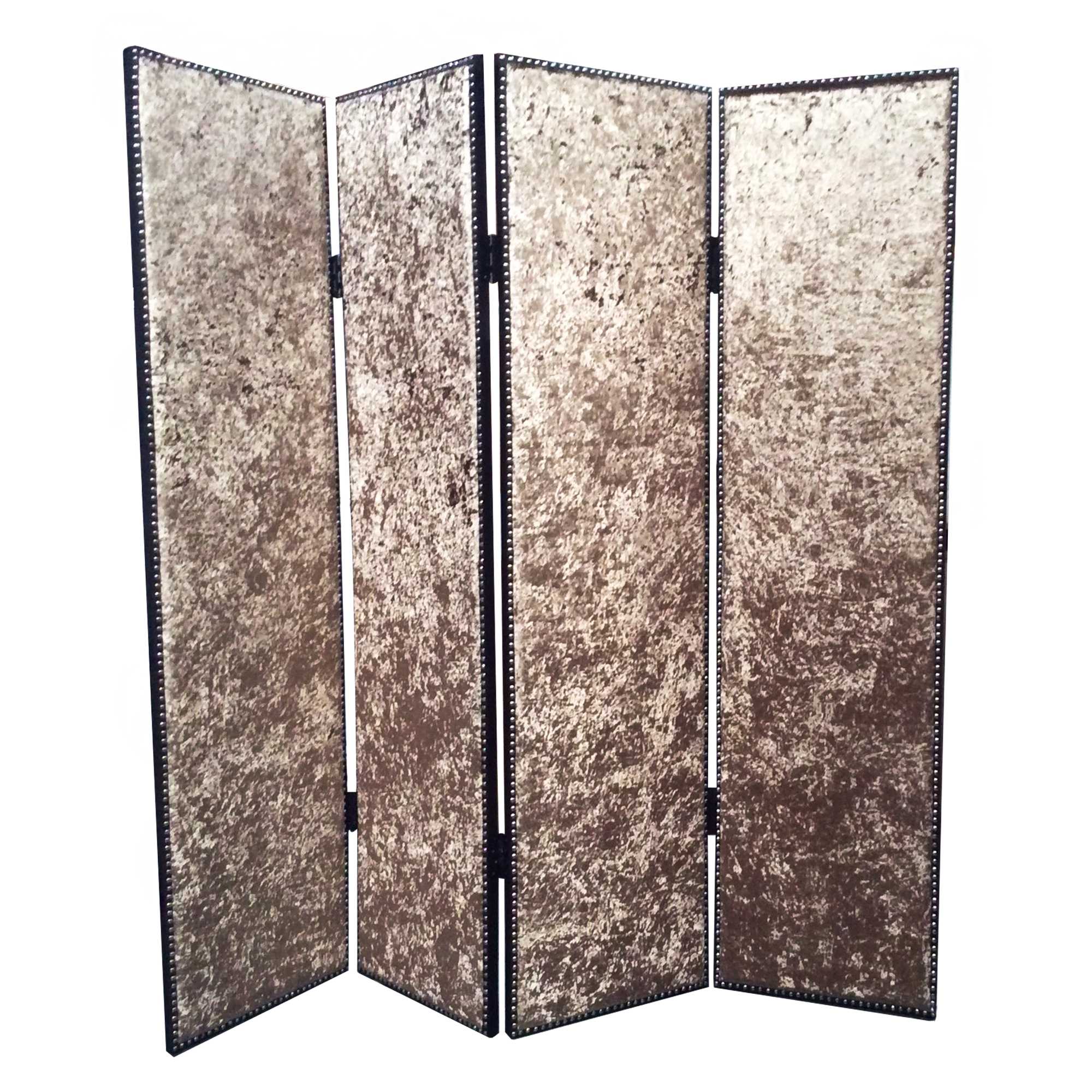 A stylish 4-panel tan wood and fabric screen featuring tufted ash fabric with a letter pattern, perfect for contemporary home decor.