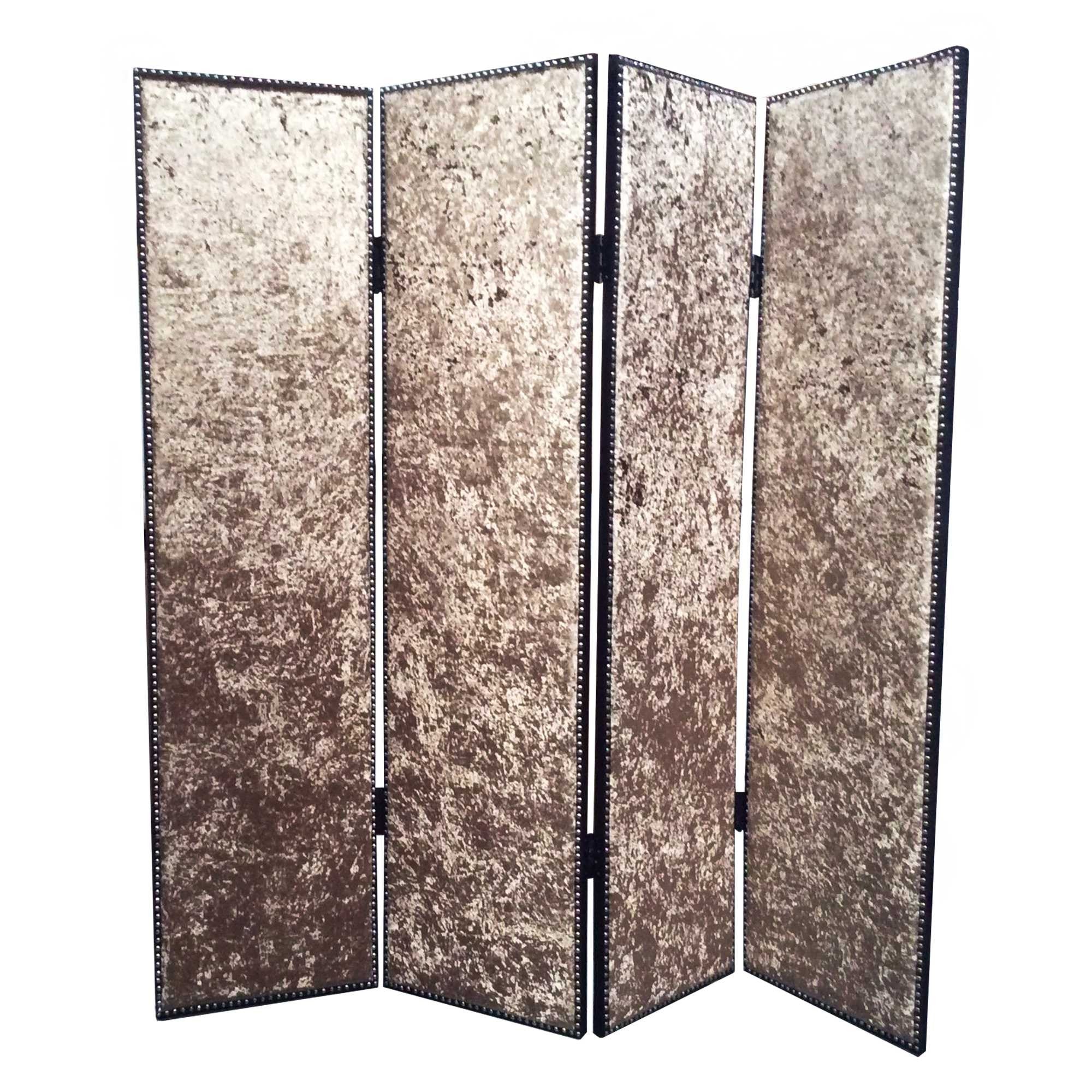 A stylish 4-panel tan wood and fabric screen featuring tufted ash fabric with a letter pattern, perfect for contemporary home decor.