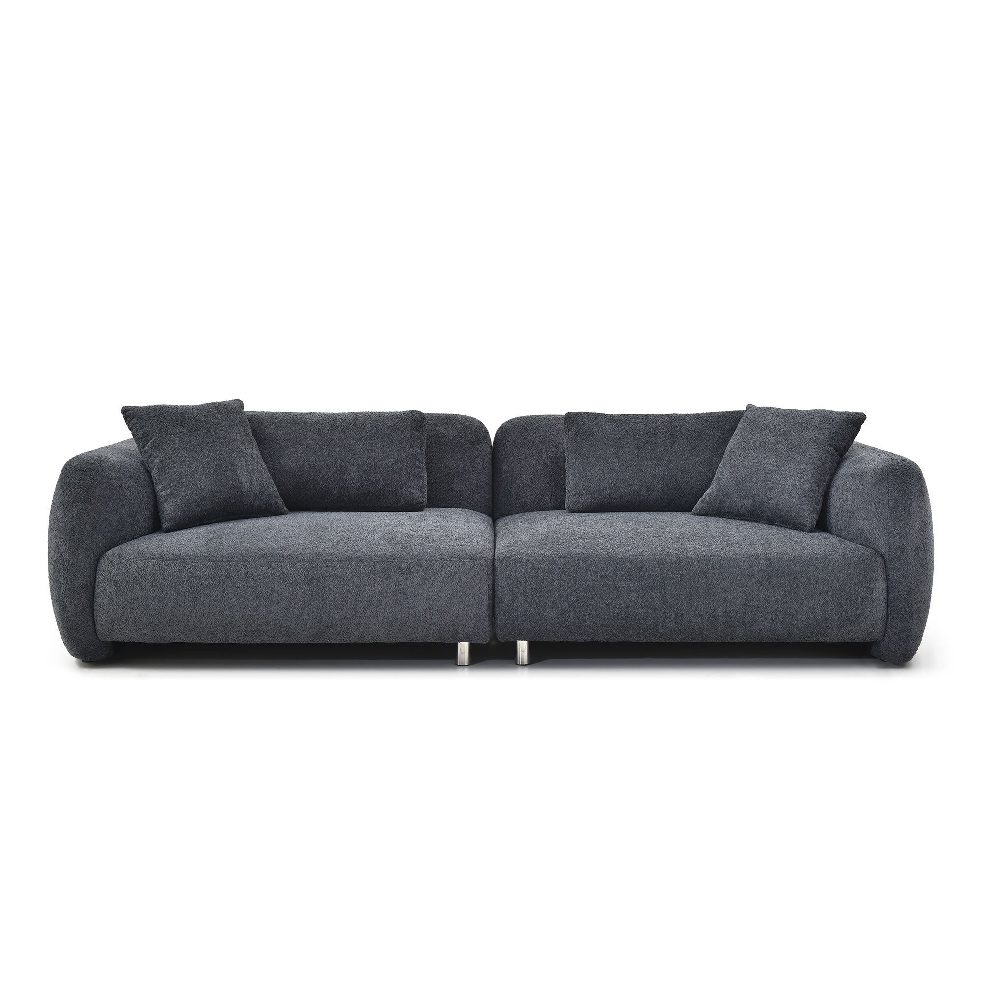110.23 Inches Teddy Velvet Sofa in black with four plush pillows, showcasing a mid-century modern design suitable for living rooms.