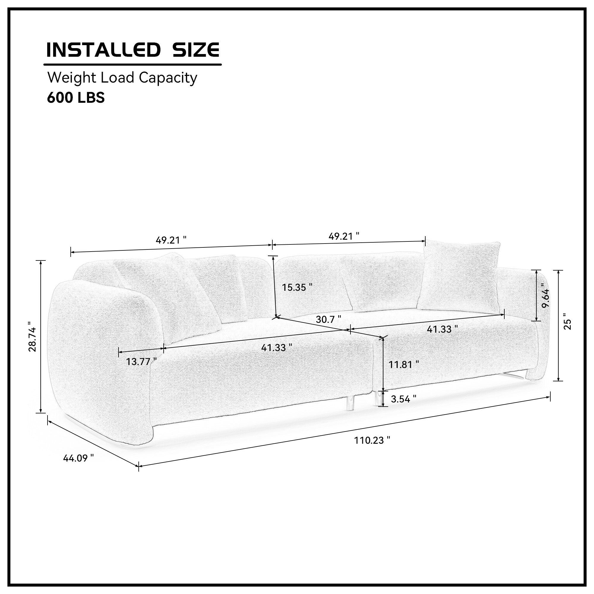 110.23 Inches Teddy Velvet Sofa in black with four plush pillows, showcasing a mid-century modern design suitable for living rooms.