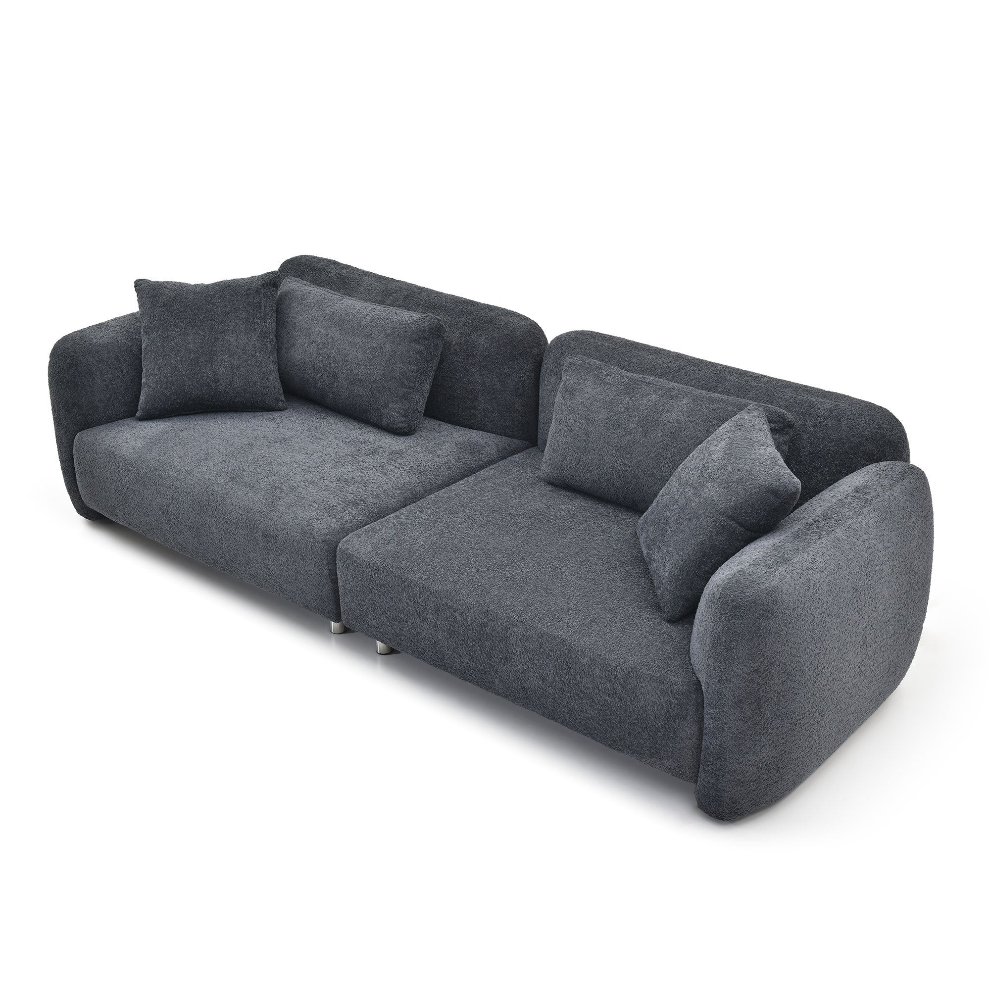 110.23 Inches Teddy Velvet Sofa in black with four plush pillows, showcasing a mid-century modern design suitable for living rooms.