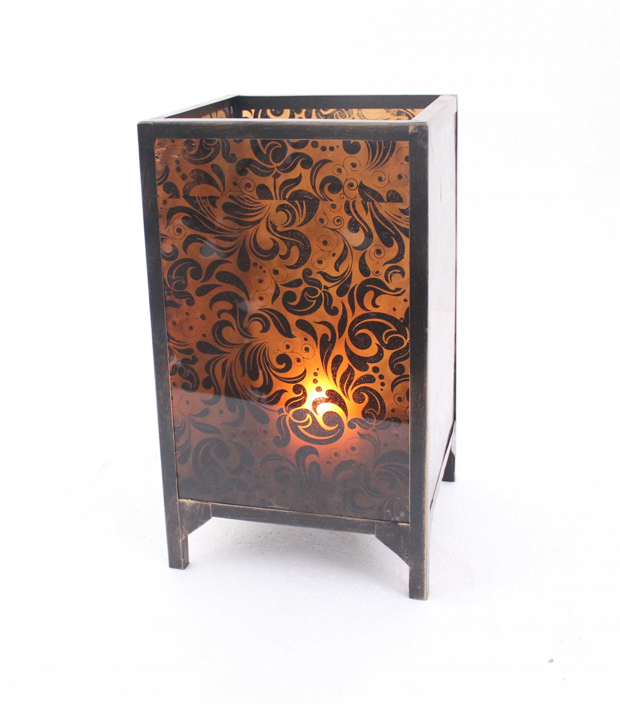 Brown vintage floral pattern candle holder with cuboid shape and metal frame, showcasing a beautiful floral design.