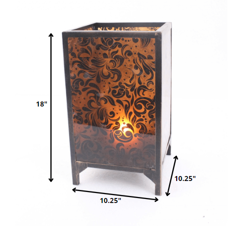 Brown vintage floral pattern candle holder with cuboid shape and metal frame, showcasing a beautiful floral design.
