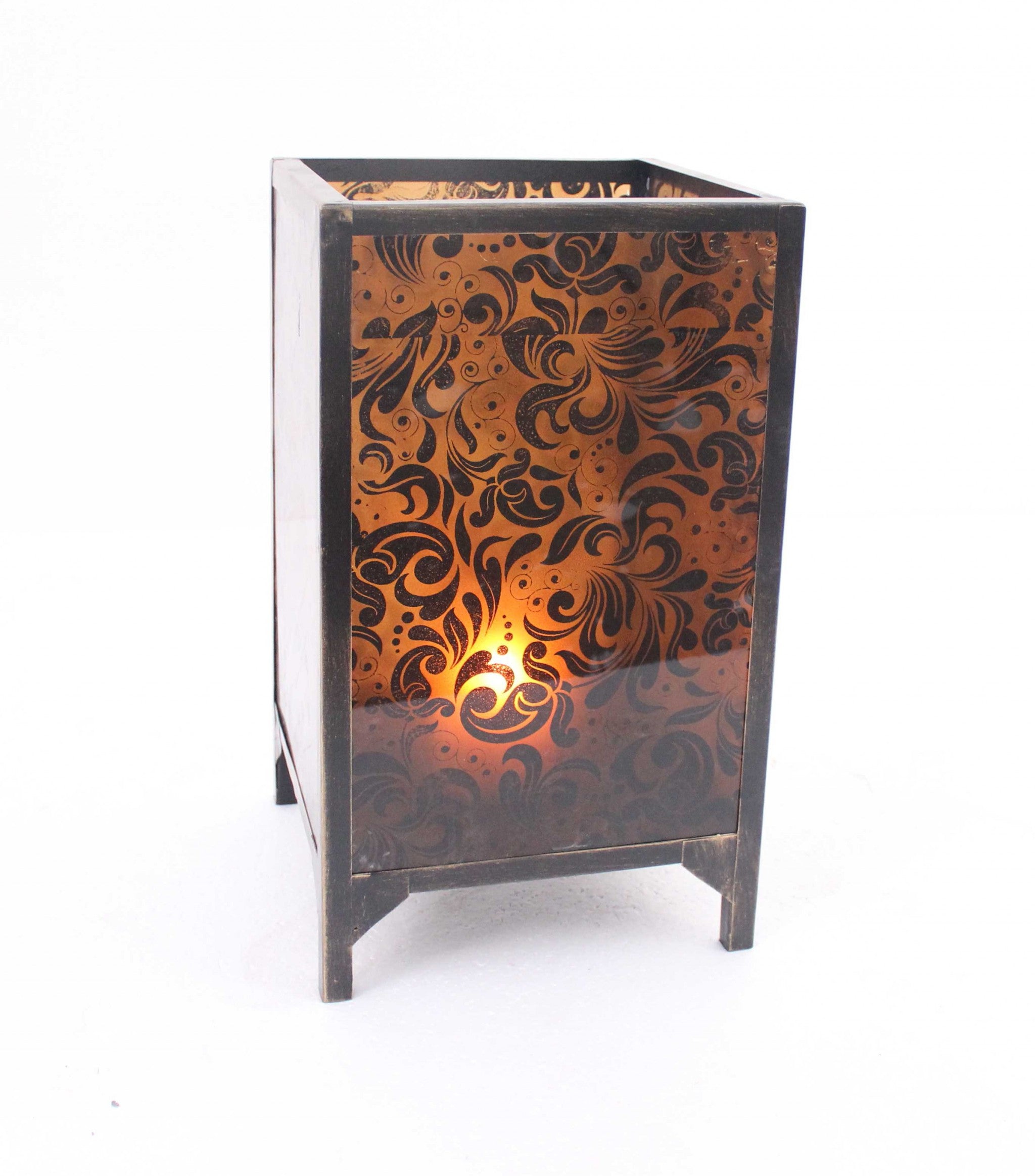 Brown vintage floral pattern candle holder with cuboid shape and metal frame, showcasing a beautiful floral design.
