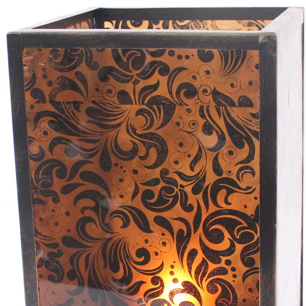 Brown vintage floral pattern candle holder with cuboid shape and metal frame, showcasing a beautiful floral design.
