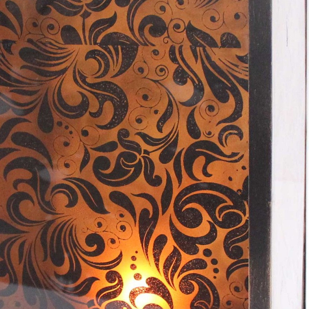 Brown vintage floral pattern candle holder with cuboid shape and metal frame, showcasing a beautiful floral design.