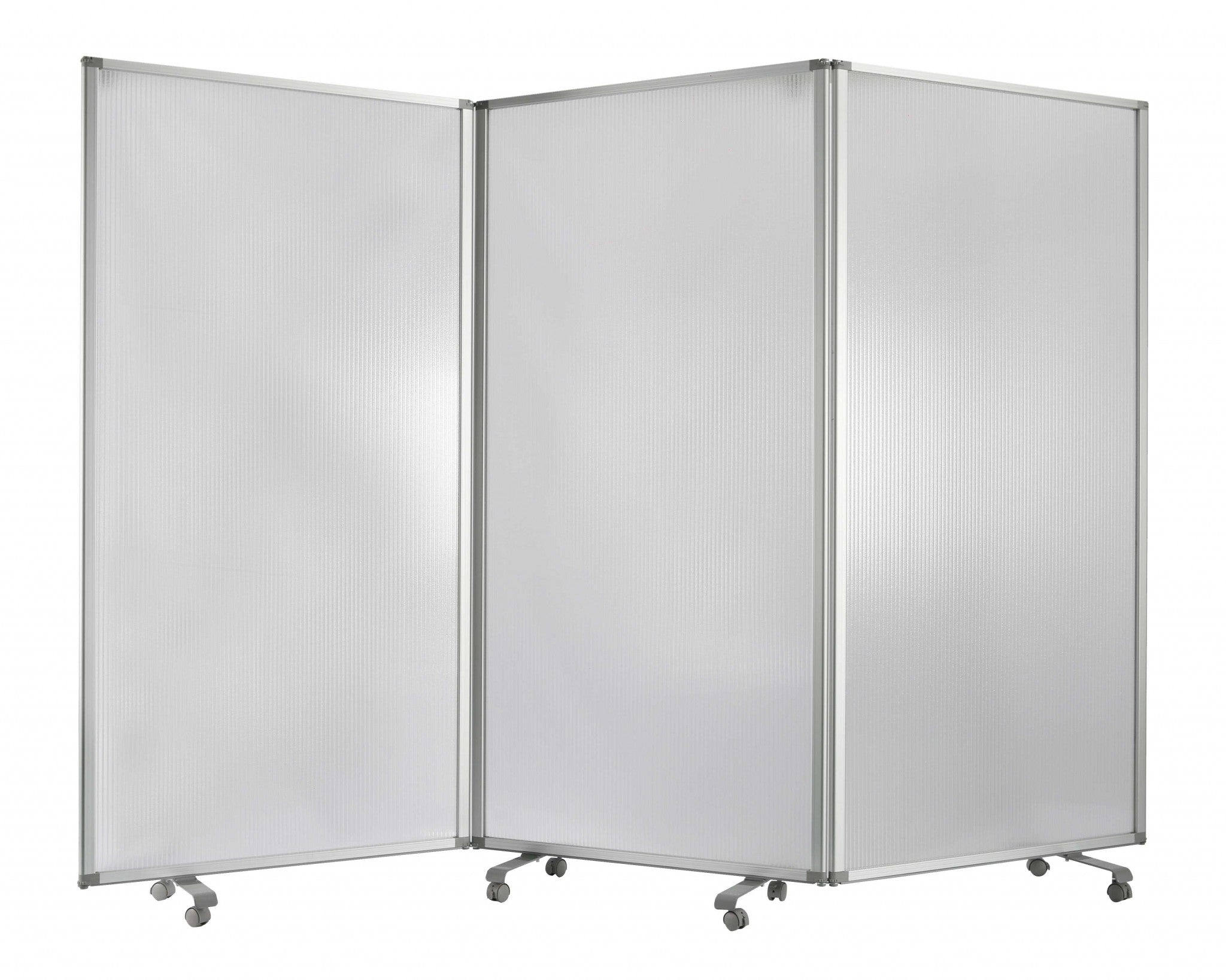 A stylish 3-panel accordion room divider in white metal and PVC, showcasing its elegant design and sturdy wheels for mobility.