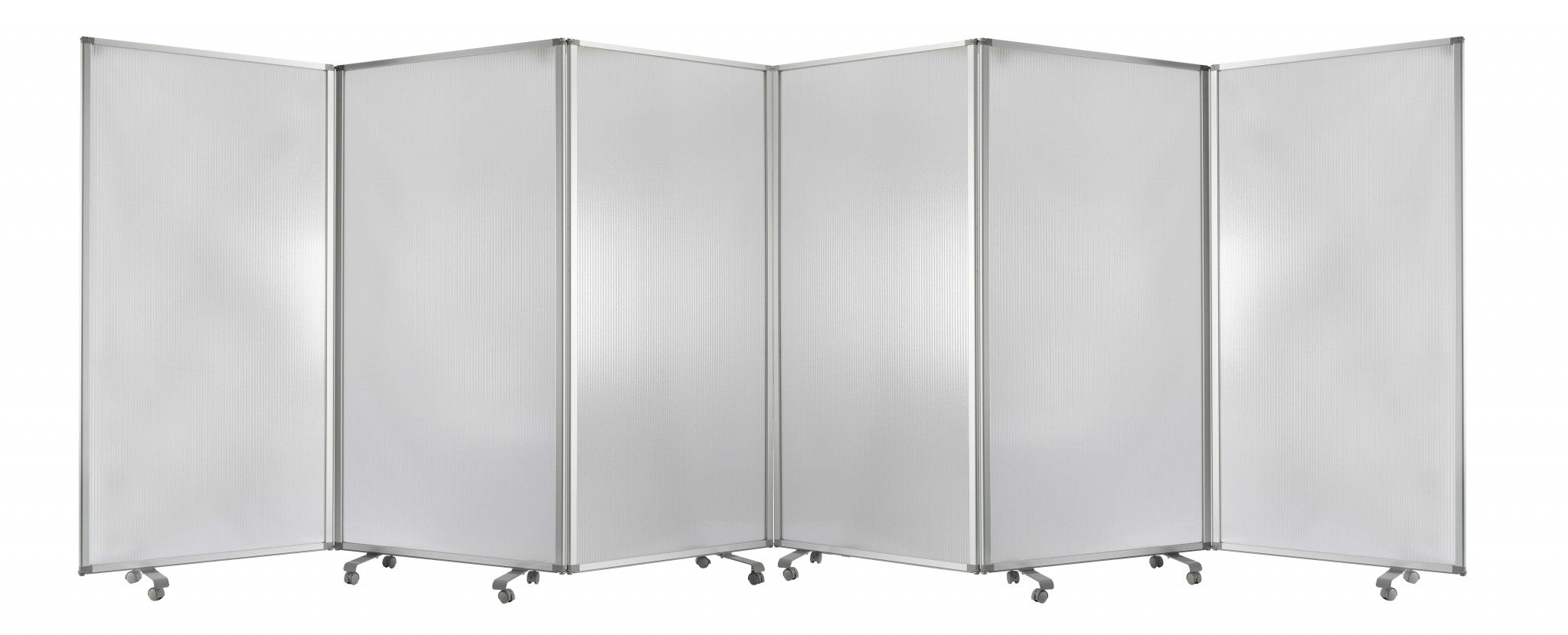 A stylish 3-panel accordion room divider in white metal and PVC, showcasing its elegant design and sturdy wheels for mobility.