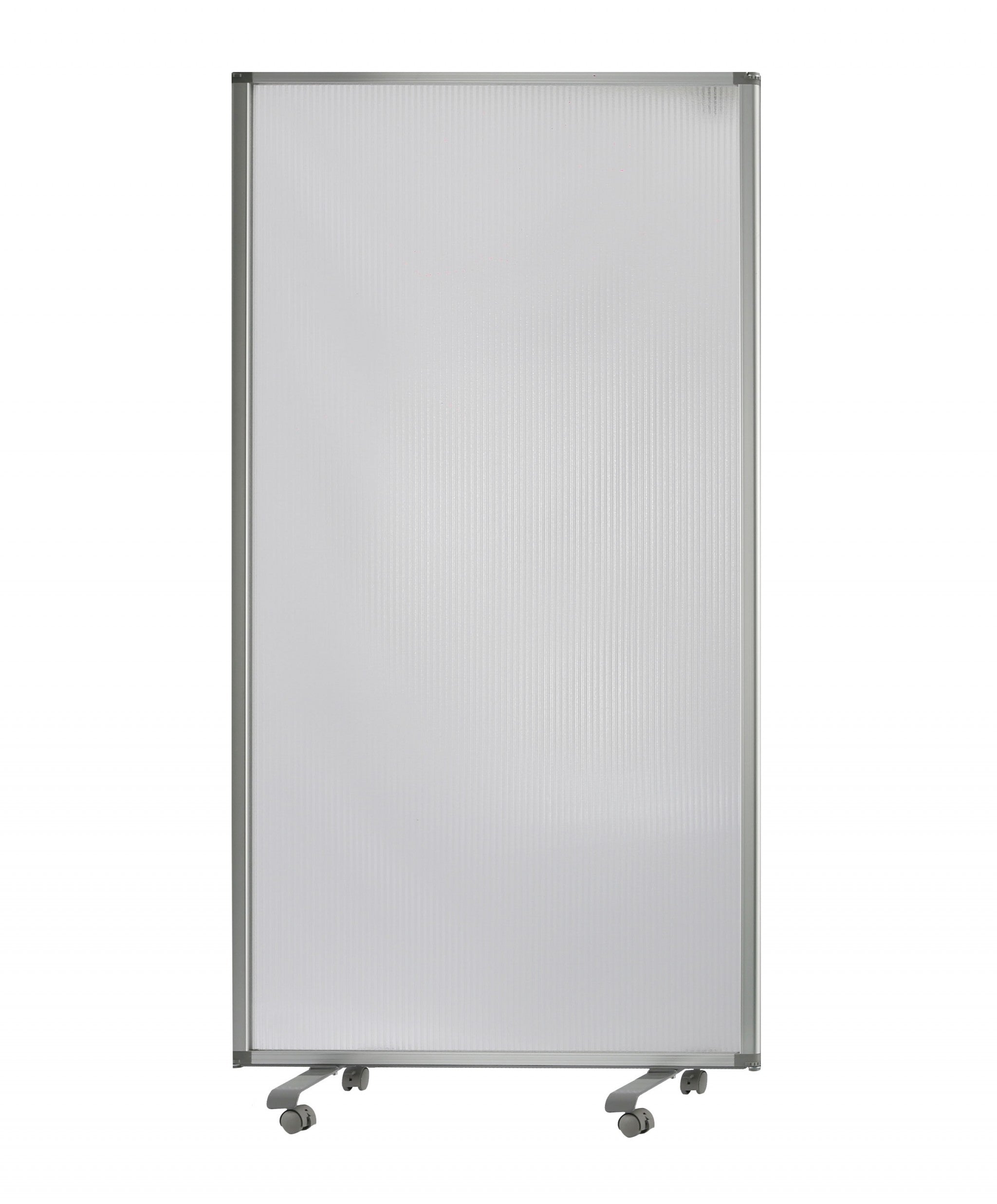 A stylish 3-panel accordion room divider in white metal and PVC, showcasing its elegant design and sturdy wheels for mobility.