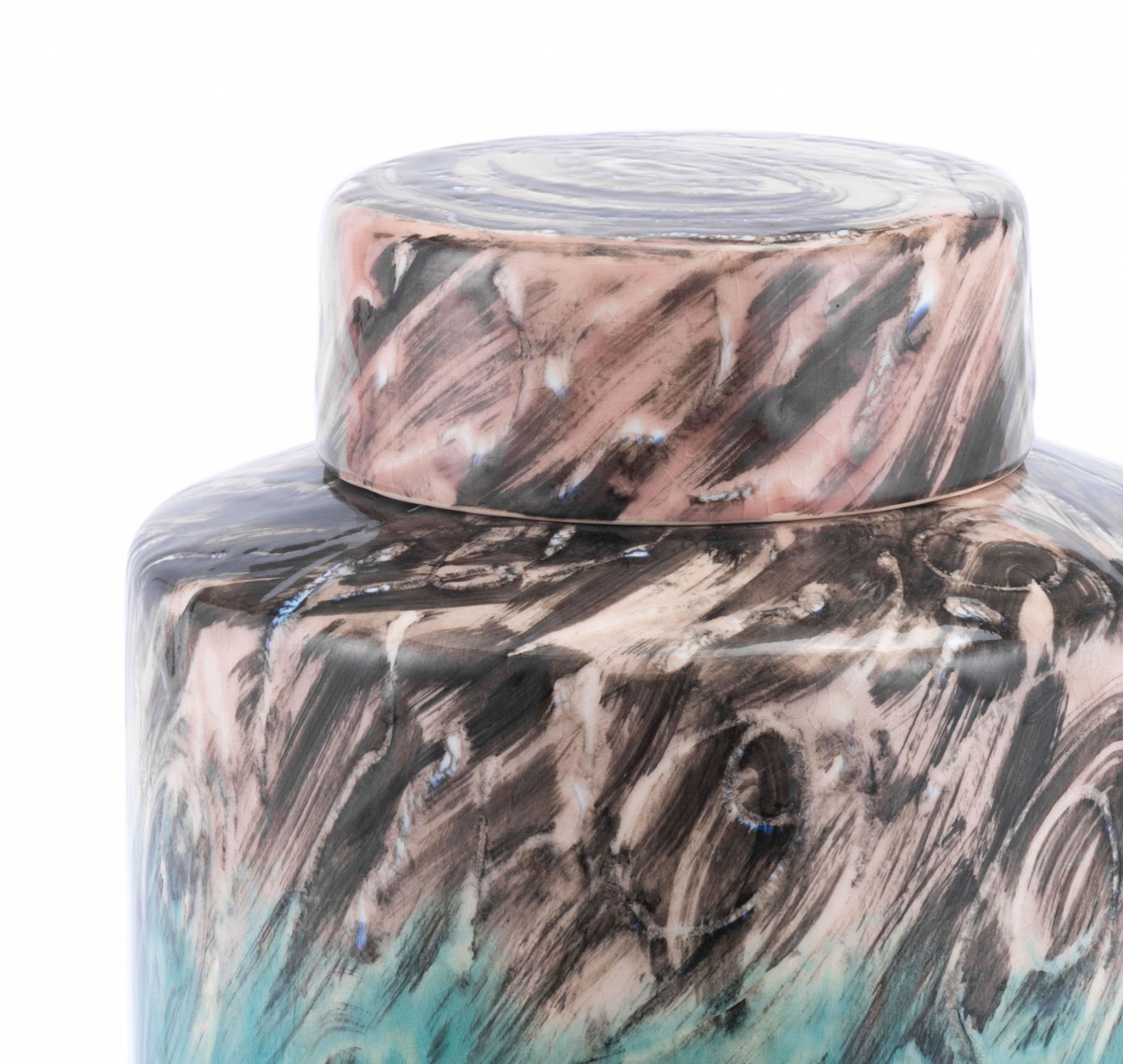 A large multicolor ceramic jar with artistic swirls, perfect for home decor.