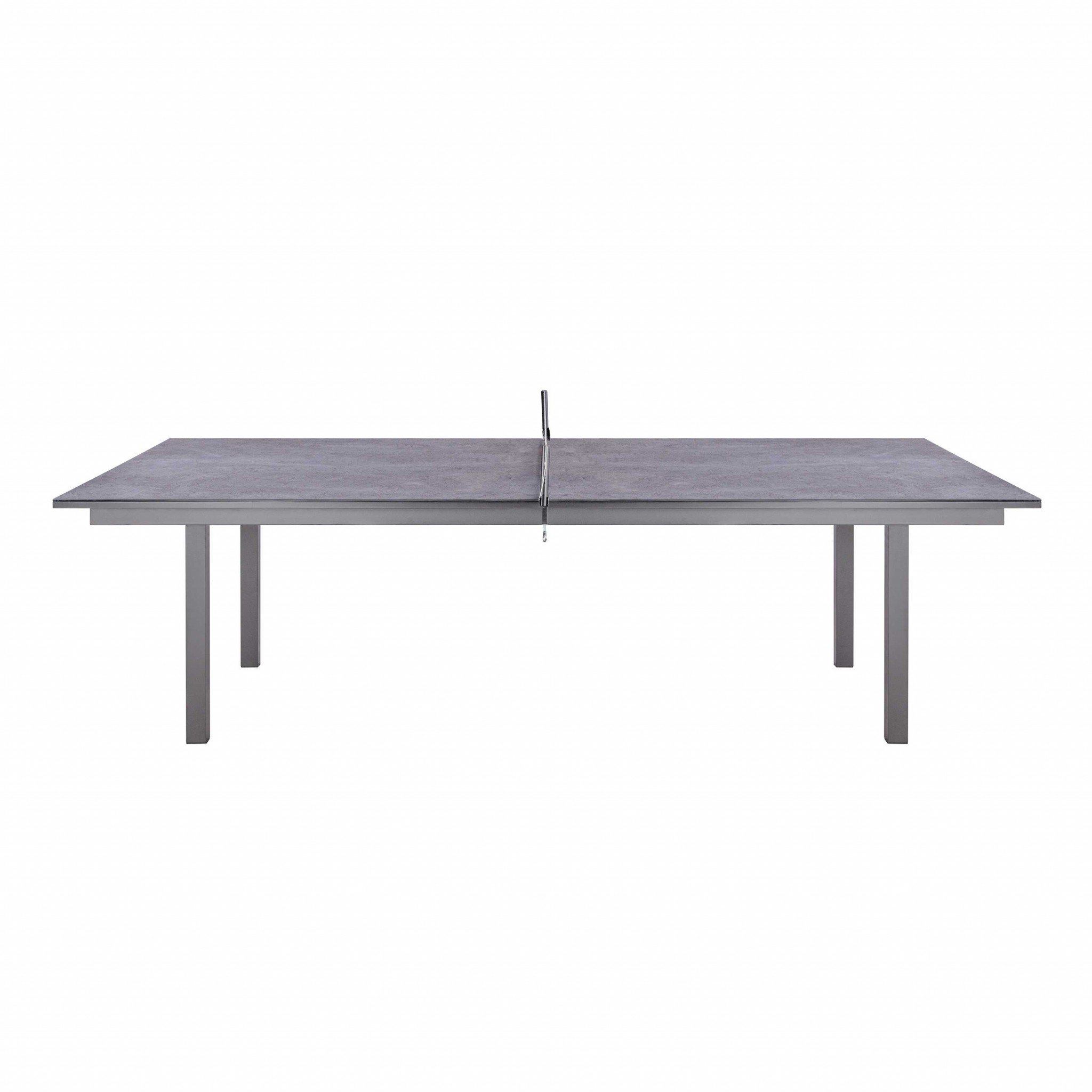 A stylish dark gray ceramic glass game table measuring 108" X 60" X 30", designed for both meetings and table tennis games.