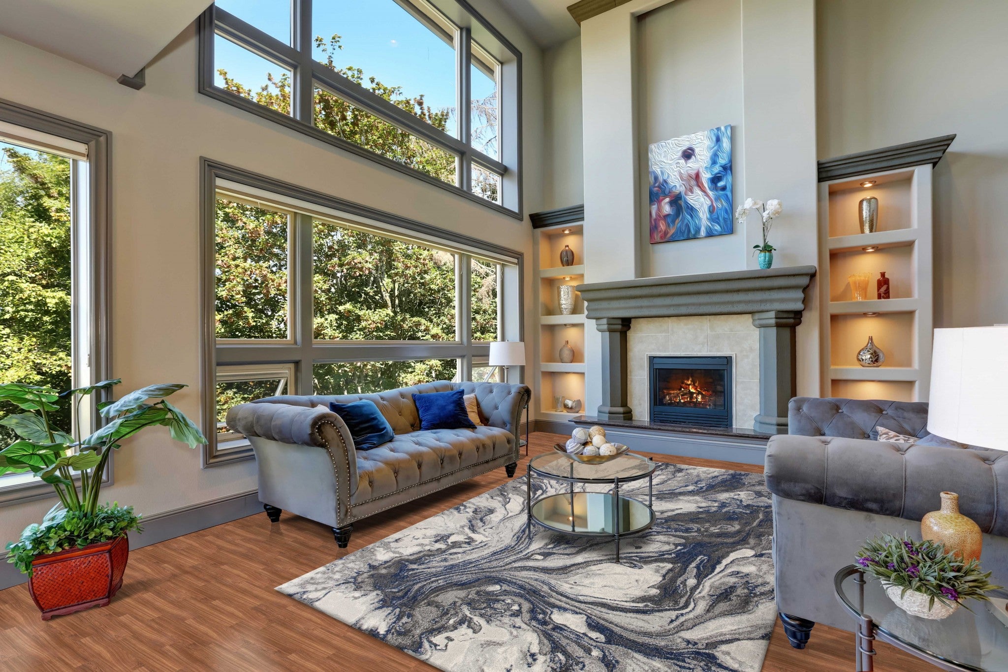 10x13 grey machine woven abstract watercolor indoor area rug showcasing a blend of grey and blue colors, perfect for modern home decor.