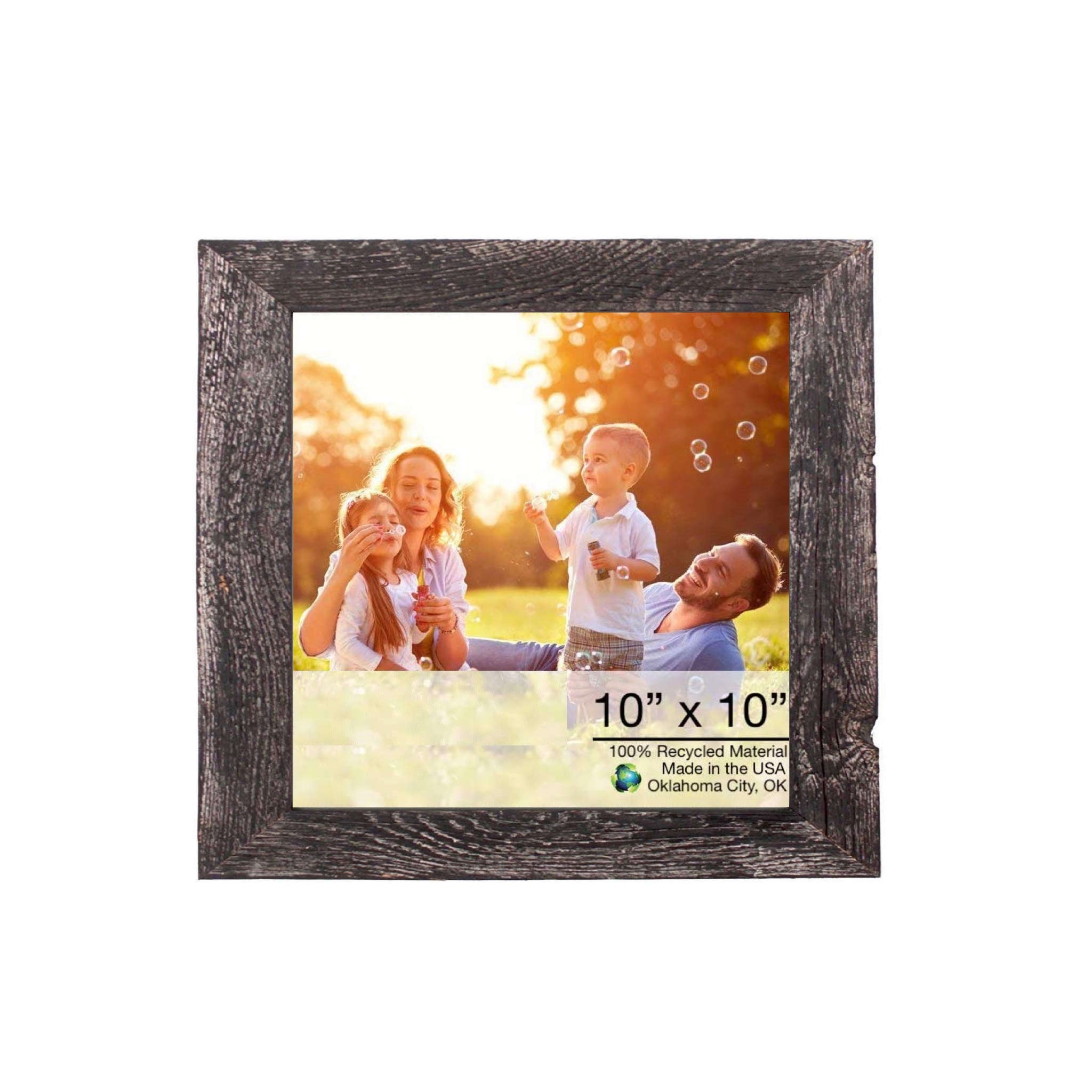 A rustic smoky black picture frame made from reclaimed wood, designed to hold a 10x10 photo, showcasing its unique handmade craftsmanship.