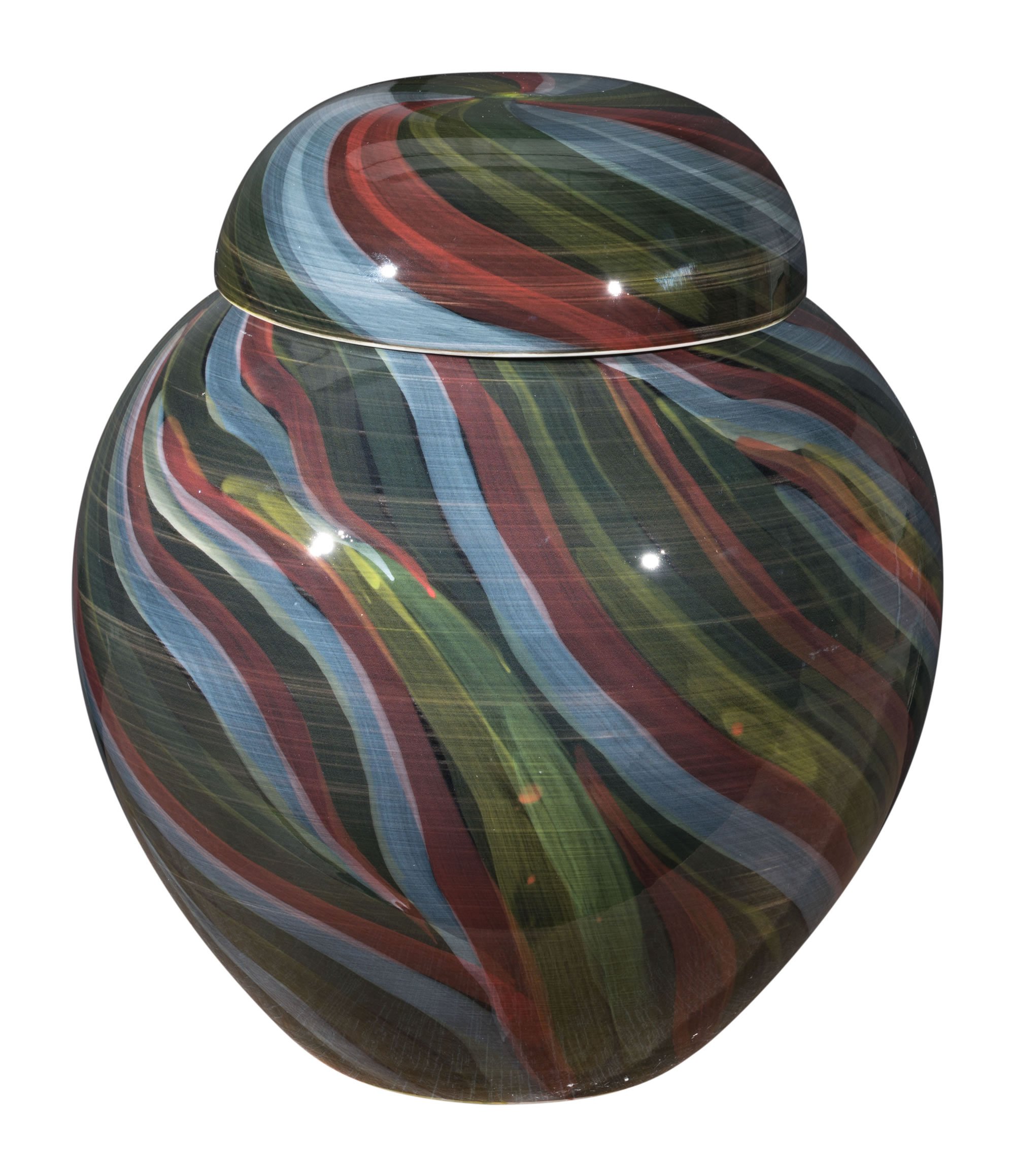 A vibrant multicolor ceramic medium jar with swirls of rich colors, perfect for home decor.