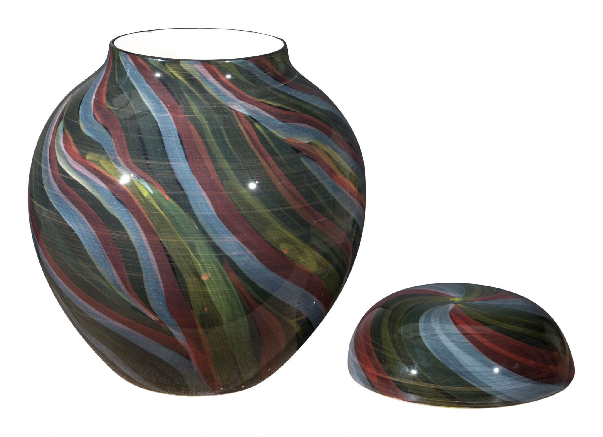 A vibrant multicolor ceramic medium jar with swirls of rich colors, perfect for home decor.