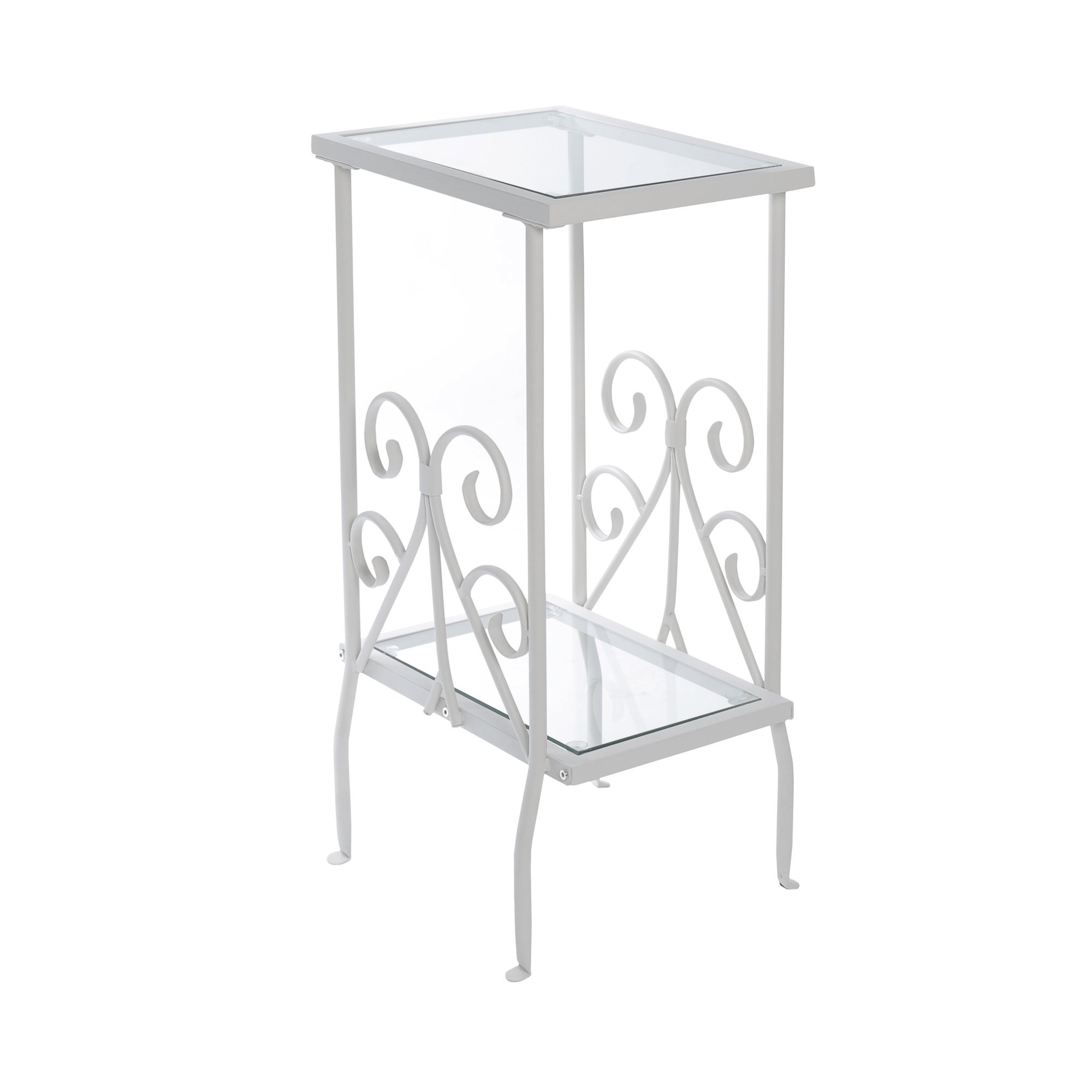 A stylish 12" x 16" x 30" white clear metal tempered glass accent table, showcasing its sleek design and elegant finish.