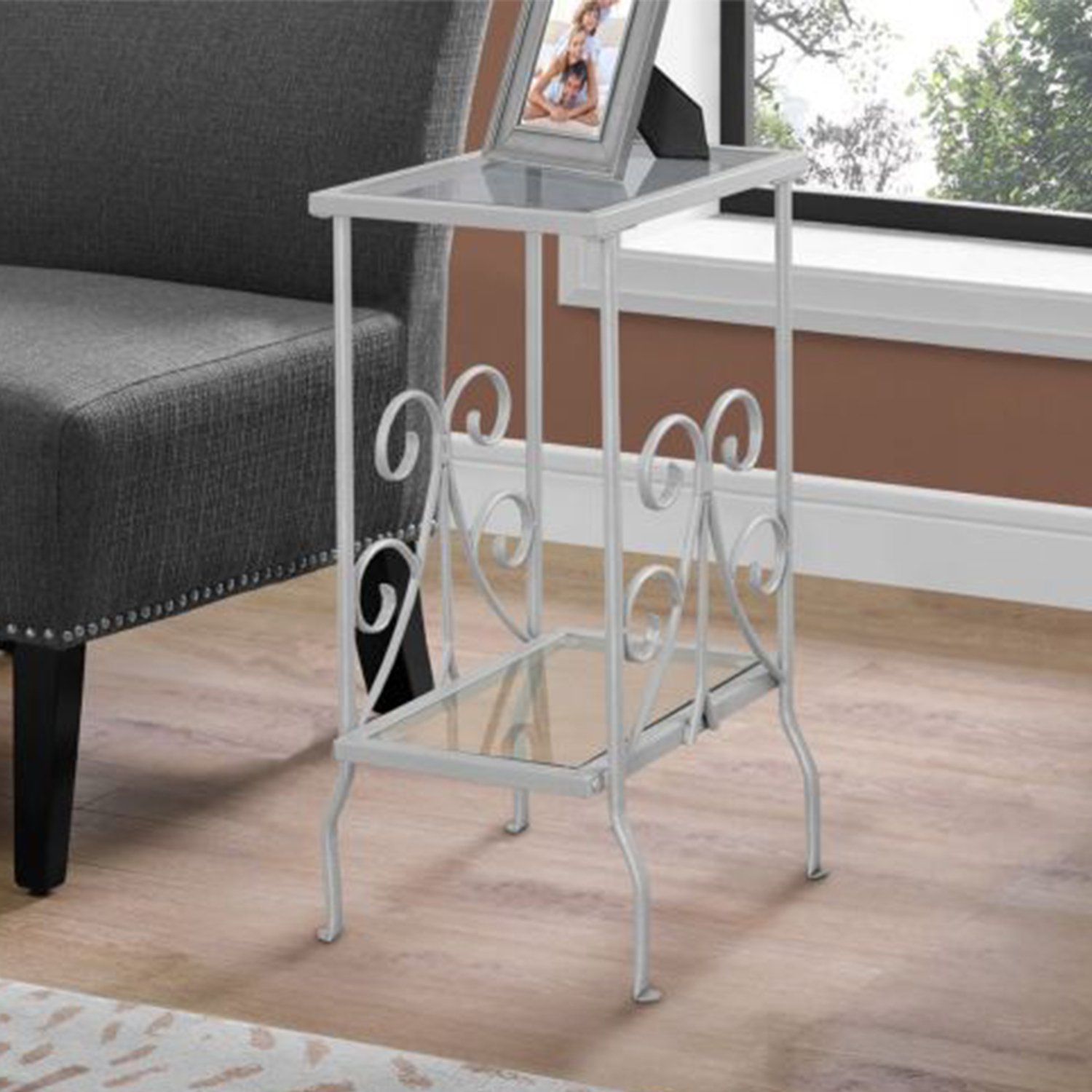 A stylish 12" x 16" x 30" white clear metal tempered glass accent table, showcasing its sleek design and elegant finish.