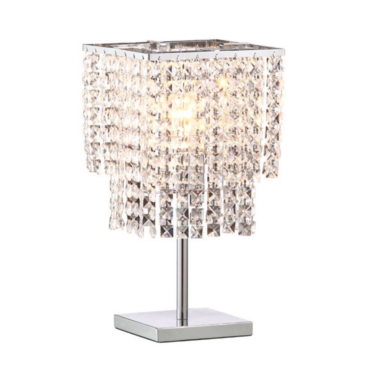A stylish gray painted table lamp with a chrome finish and floating crystals, perfect for modern home decor.