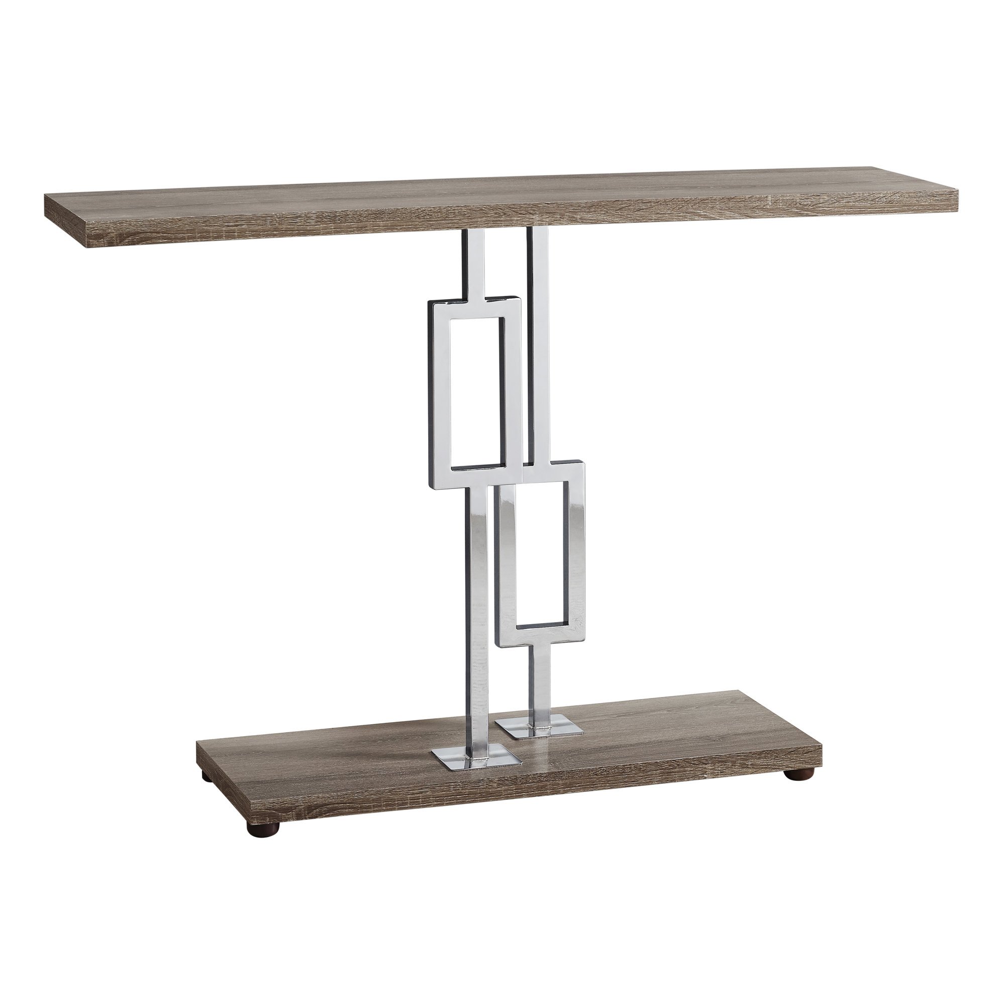 A stylish 12" x 47.25" x 31" dark taupe chrome metal accent table, showcasing its sleek design and sturdy construction.