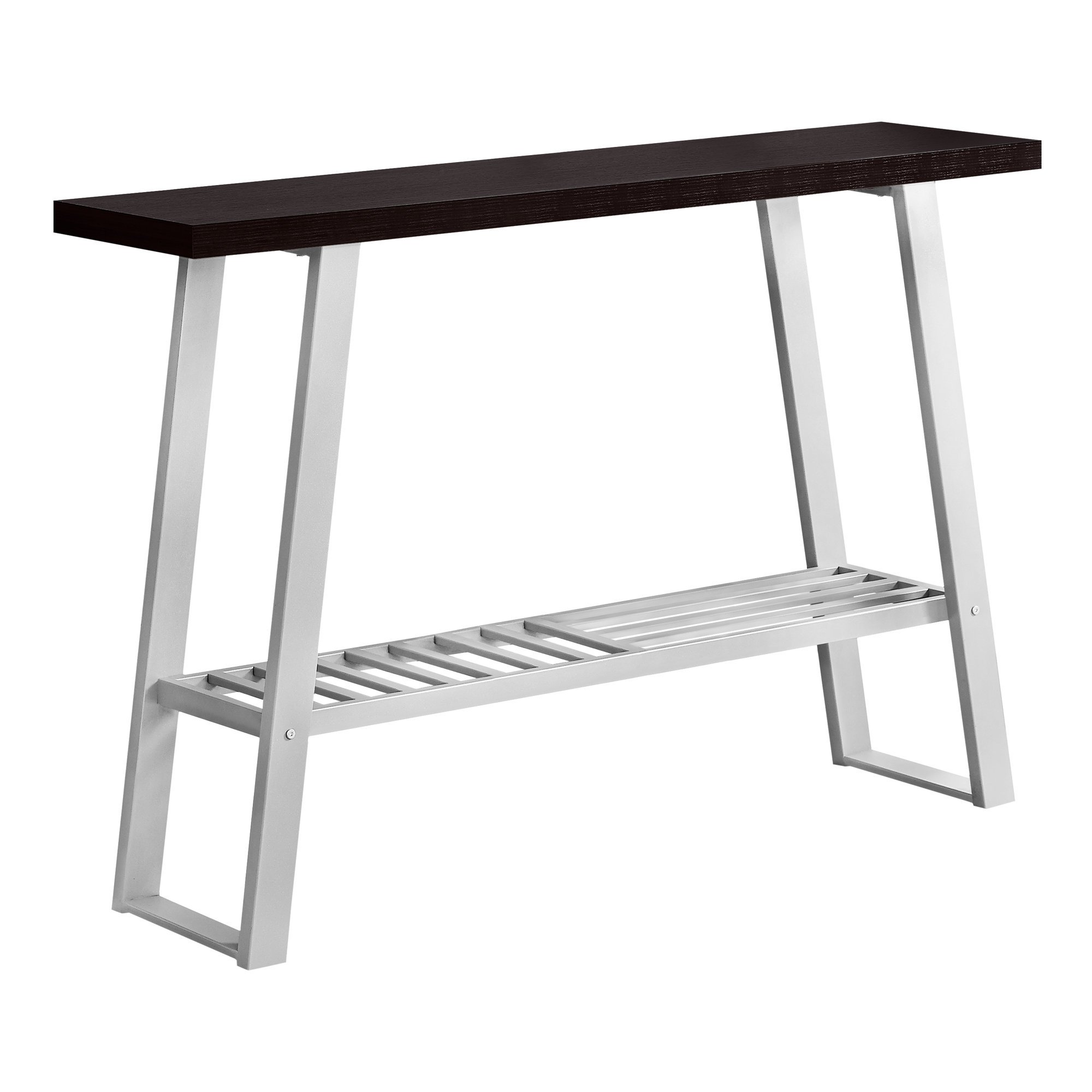 Modern 12-inch cappuccino finish console table with silver metal frame, perfect for entryways and living rooms.