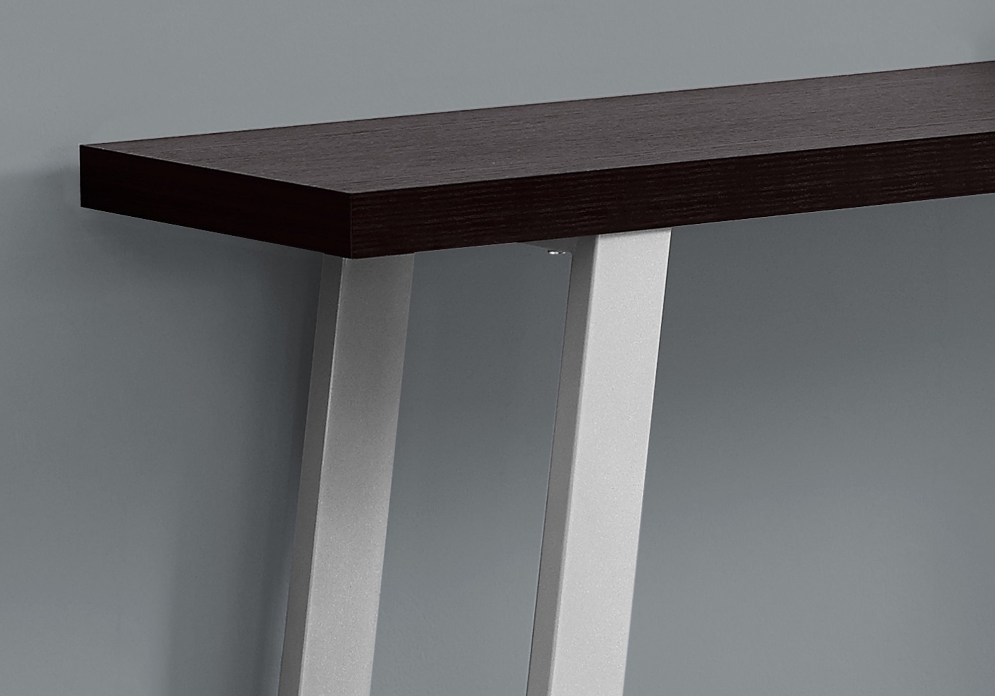 Modern 12-inch cappuccino finish console table with silver metal frame, perfect for entryways and living rooms.