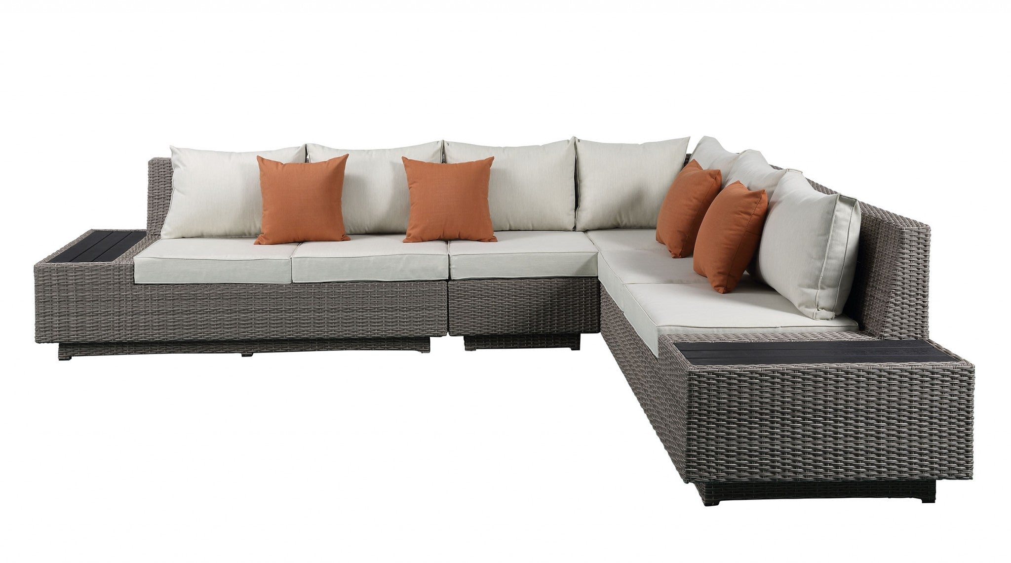 A spacious 126x100-inch beige fabric and gray wicker patio sectional set with plush cushions and vibrant orange pillows, perfect for outdoor relaxation.