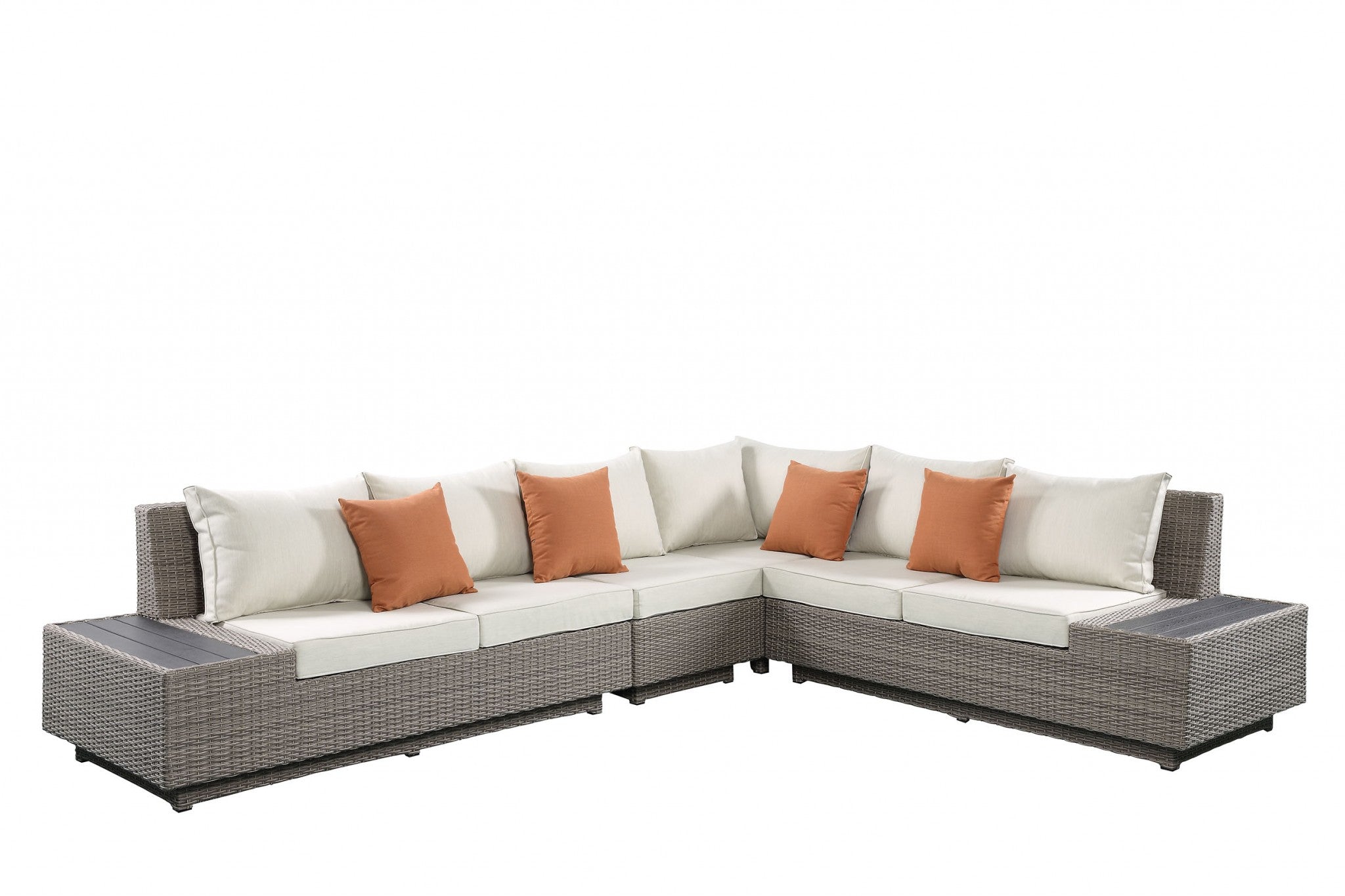 A spacious 126x100-inch beige fabric and gray wicker patio sectional set with plush cushions and vibrant orange pillows, perfect for outdoor relaxation.