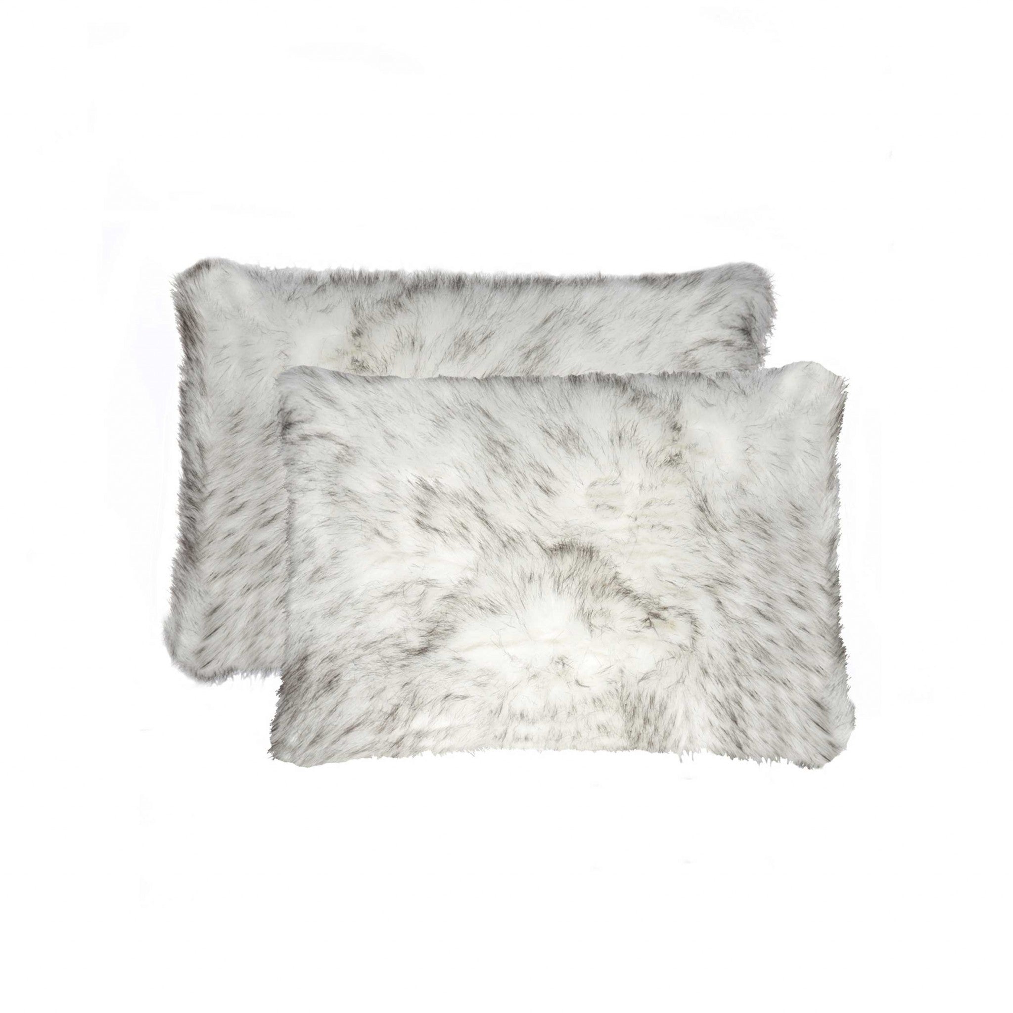Two luxurious gradient gray faux fur pillows, showcasing a plush texture and elegant design, perfect for home decor.