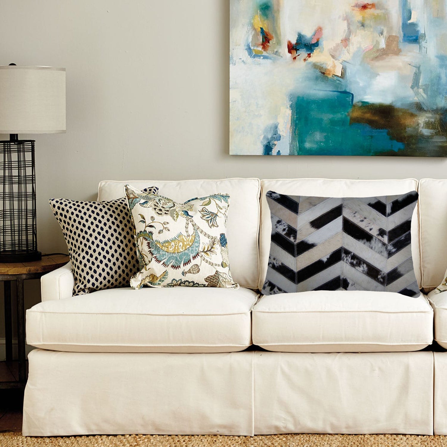 Luxurious 12x20 Tricolor Pillow made from premium Indian cowhide with soft microsuede backing and concealed zipper closure.