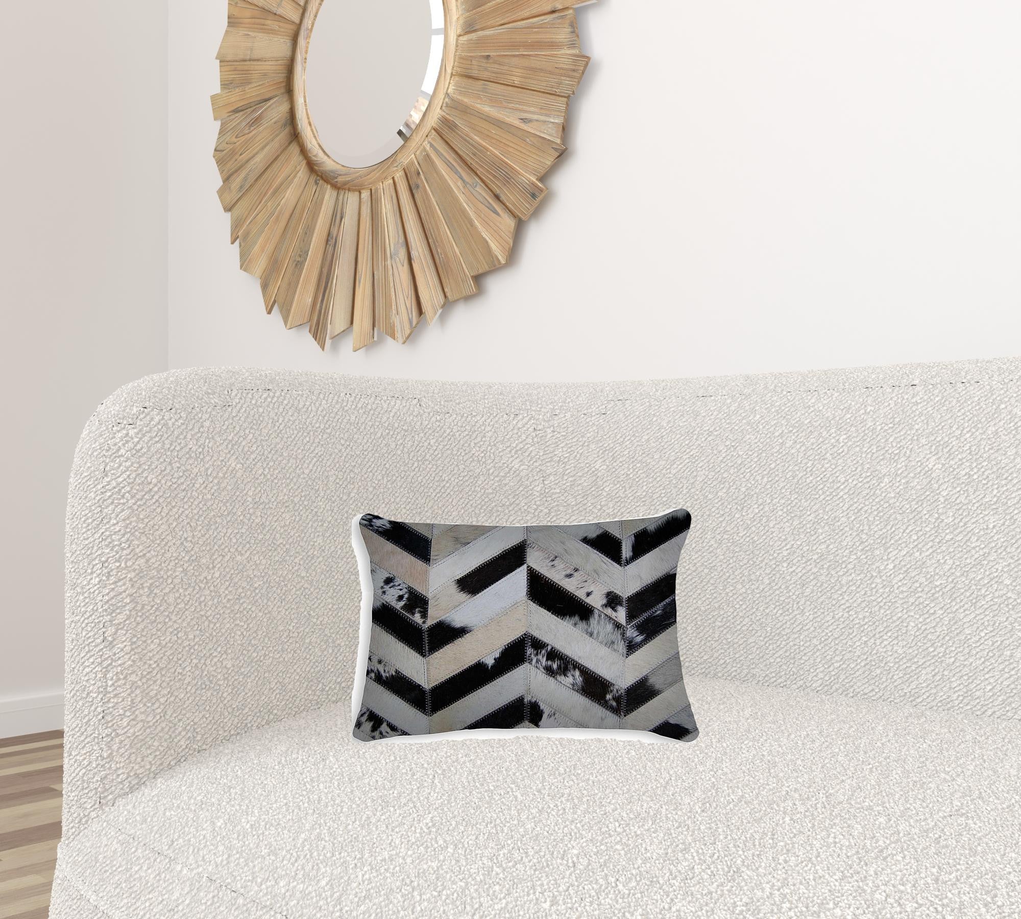 Luxurious 12x20 Tricolor Pillow made from premium Indian cowhide with soft microsuede backing and concealed zipper closure.