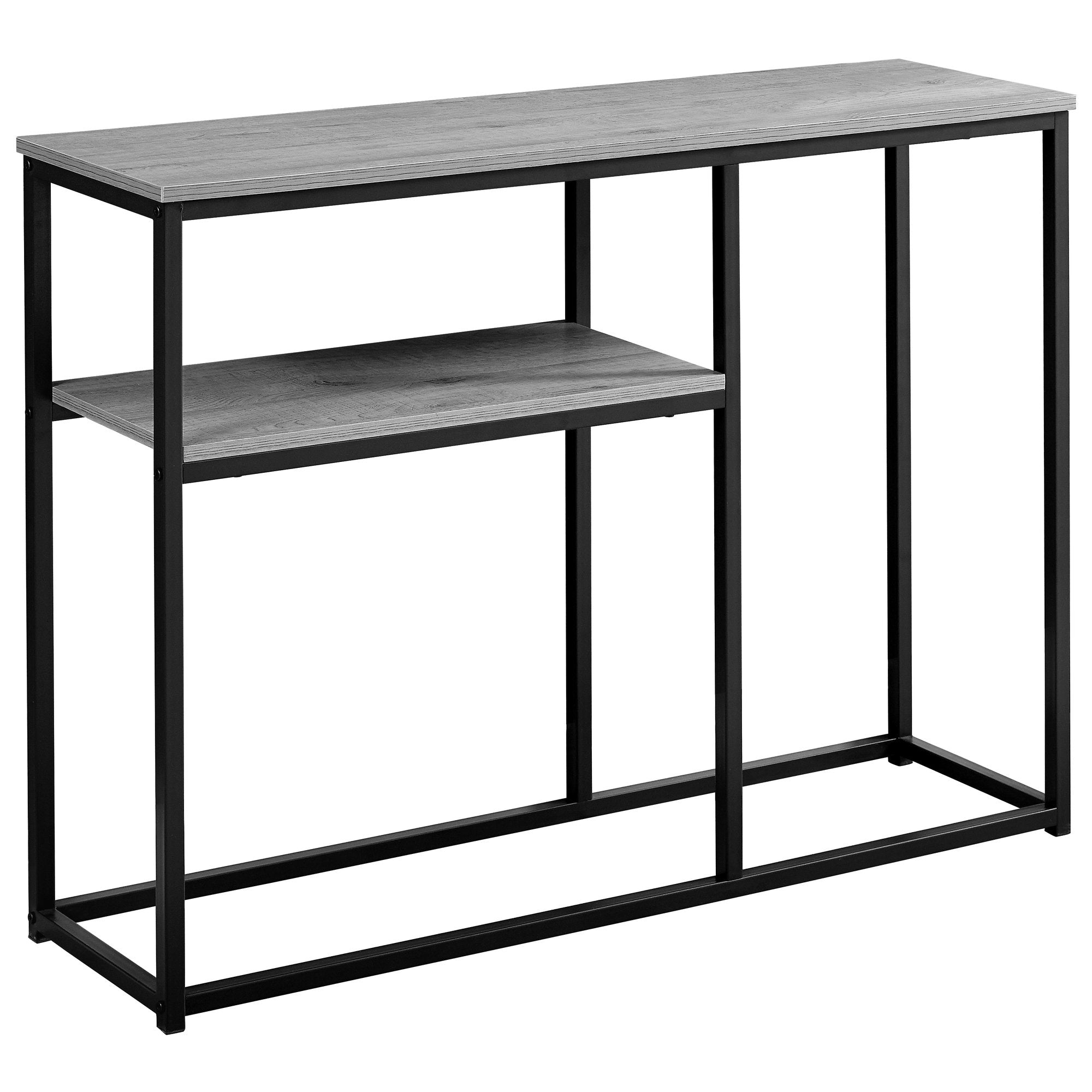 A sleek black metal accent table measuring 12x42x32 inches, showcasing a modern design suitable for various interior styles.