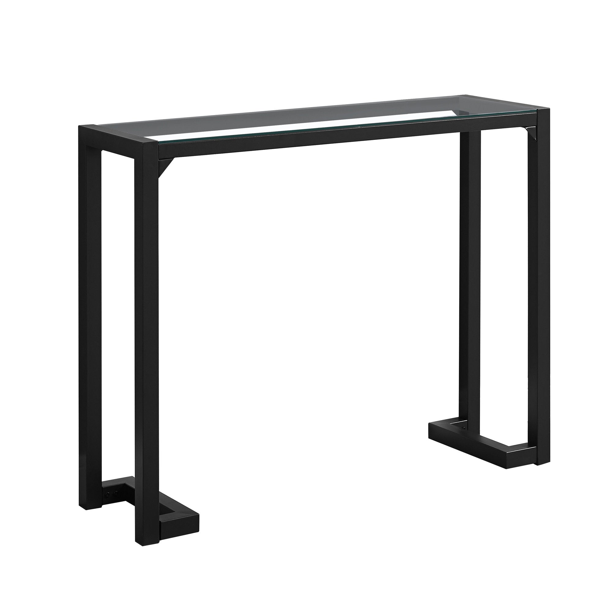 A sleek 12x42x32 tempered glass and black metal accent table, showcasing a modern design suitable for various home decor styles.