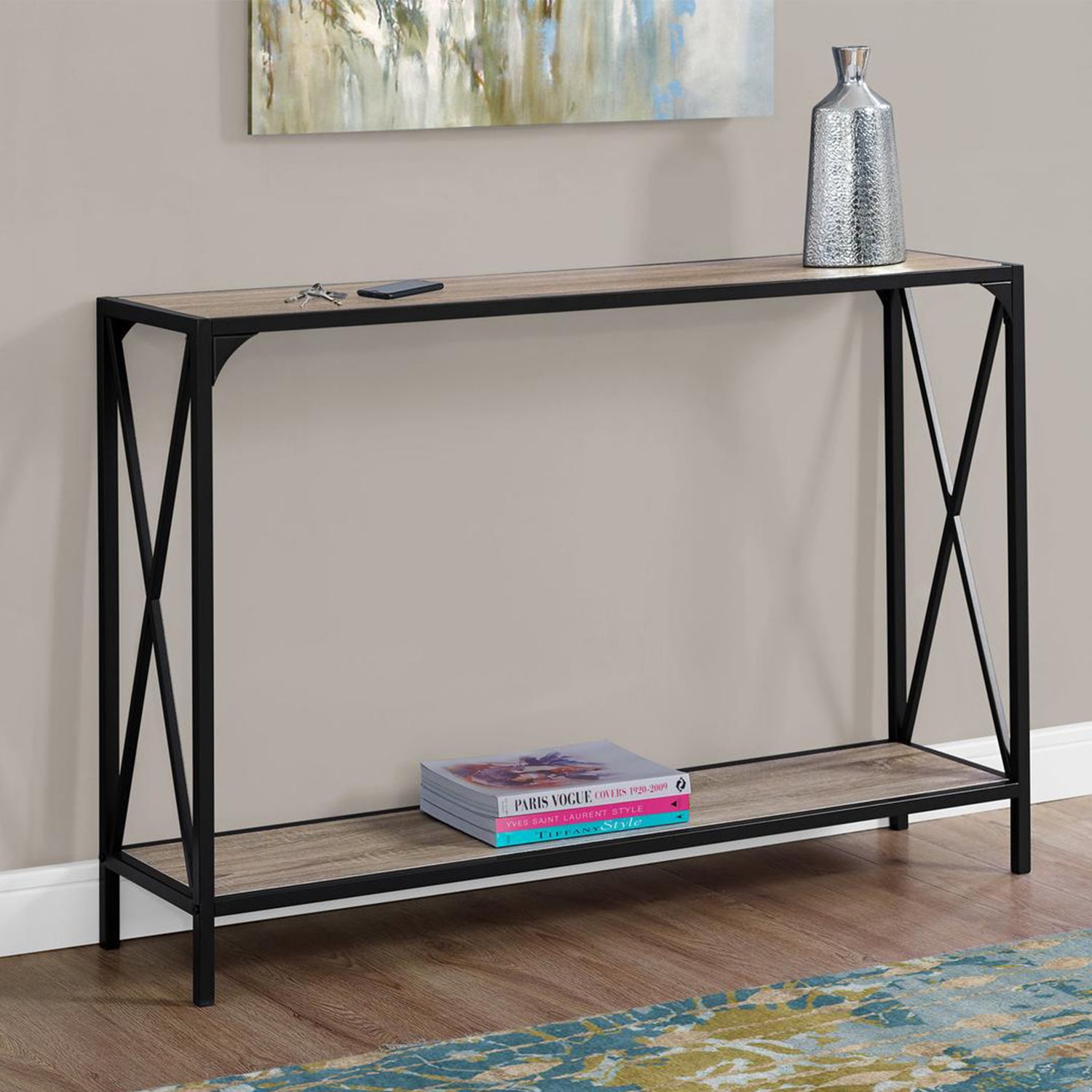 12x48 inch console accent table with dark taupe finish and black metal frame, featuring an X cross-bar design.
