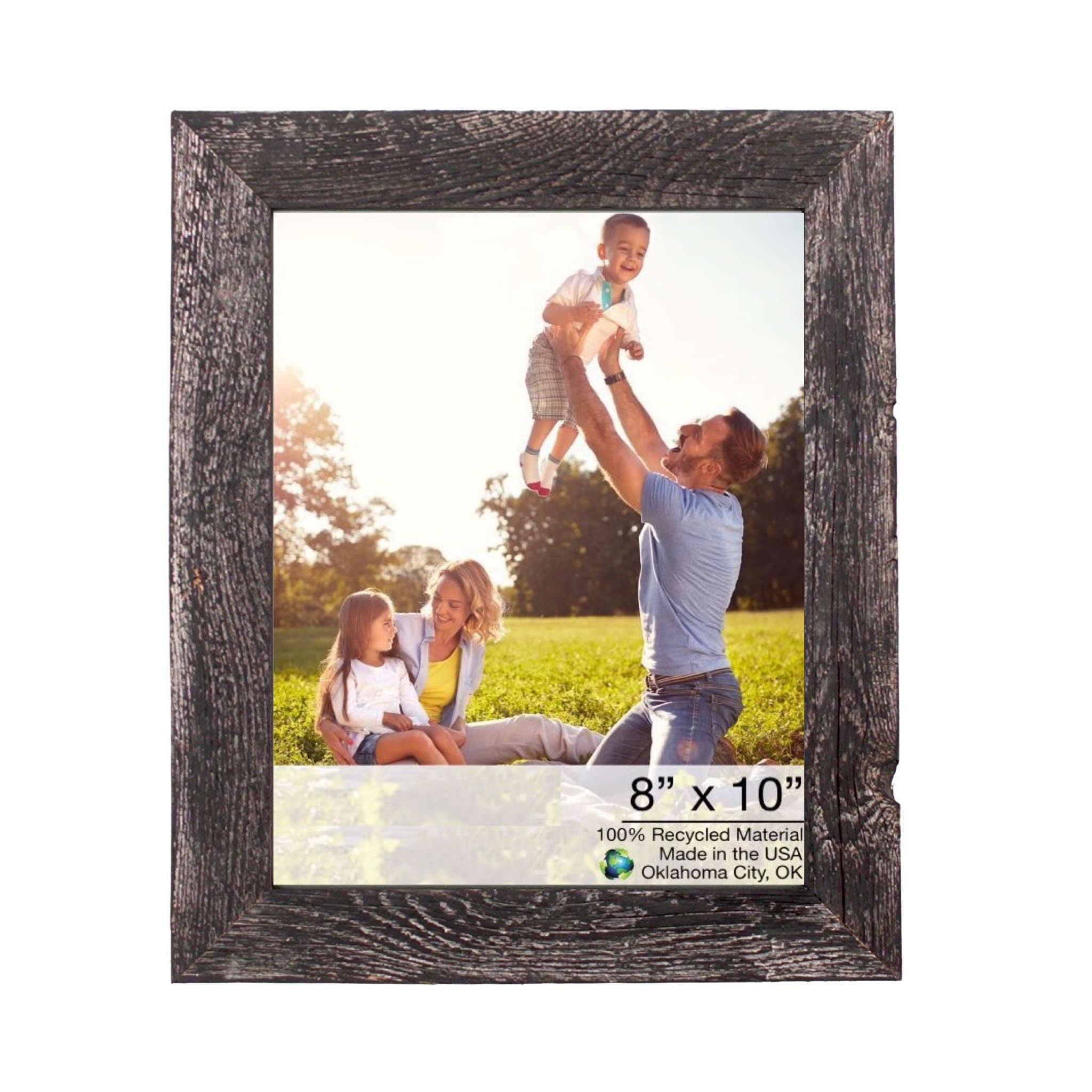 A rustic smoky black picture frame measuring 12x13 inches, handcrafted from reclaimed wood, showcasing an 8x10 photo.