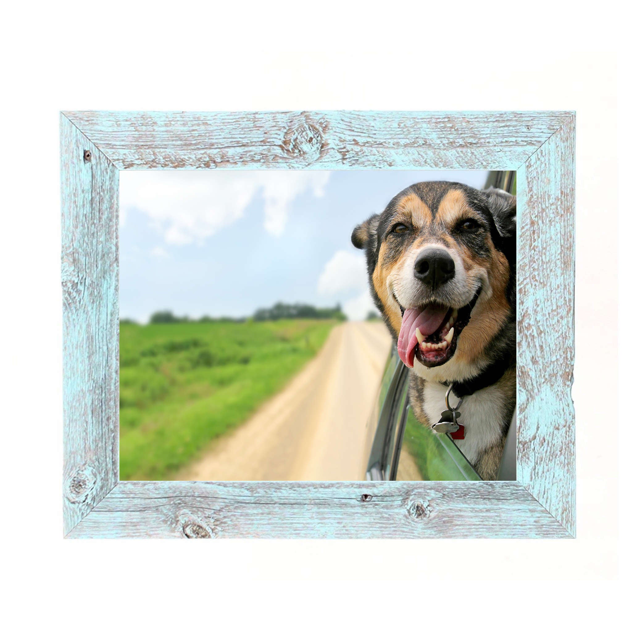 A rustic blue picture frame measuring 12x14 inches, made from reclaimed wood, showcasing an 8.5x11 photograph.