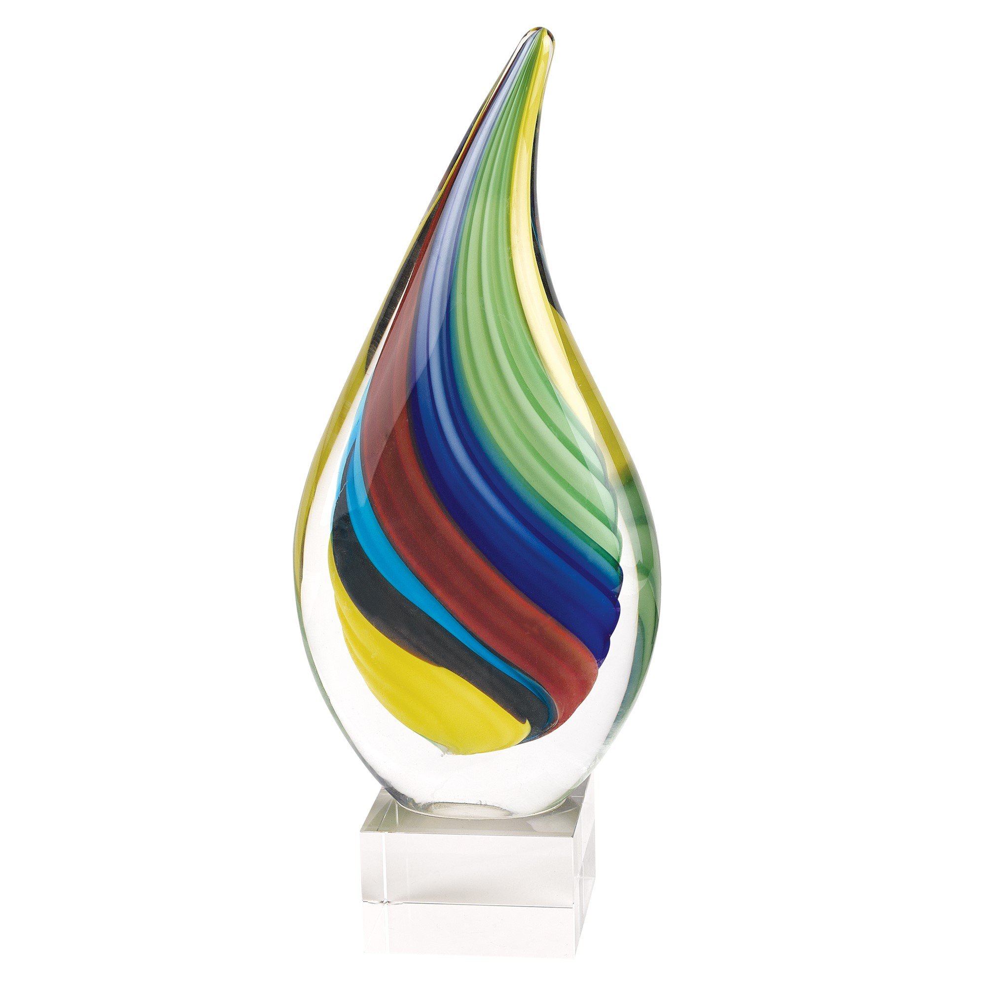 A vibrant 13-inch multi-color art glass tear drop centerpiece on a crystal base, showcasing intricate craftsmanship and eco-friendly materials.