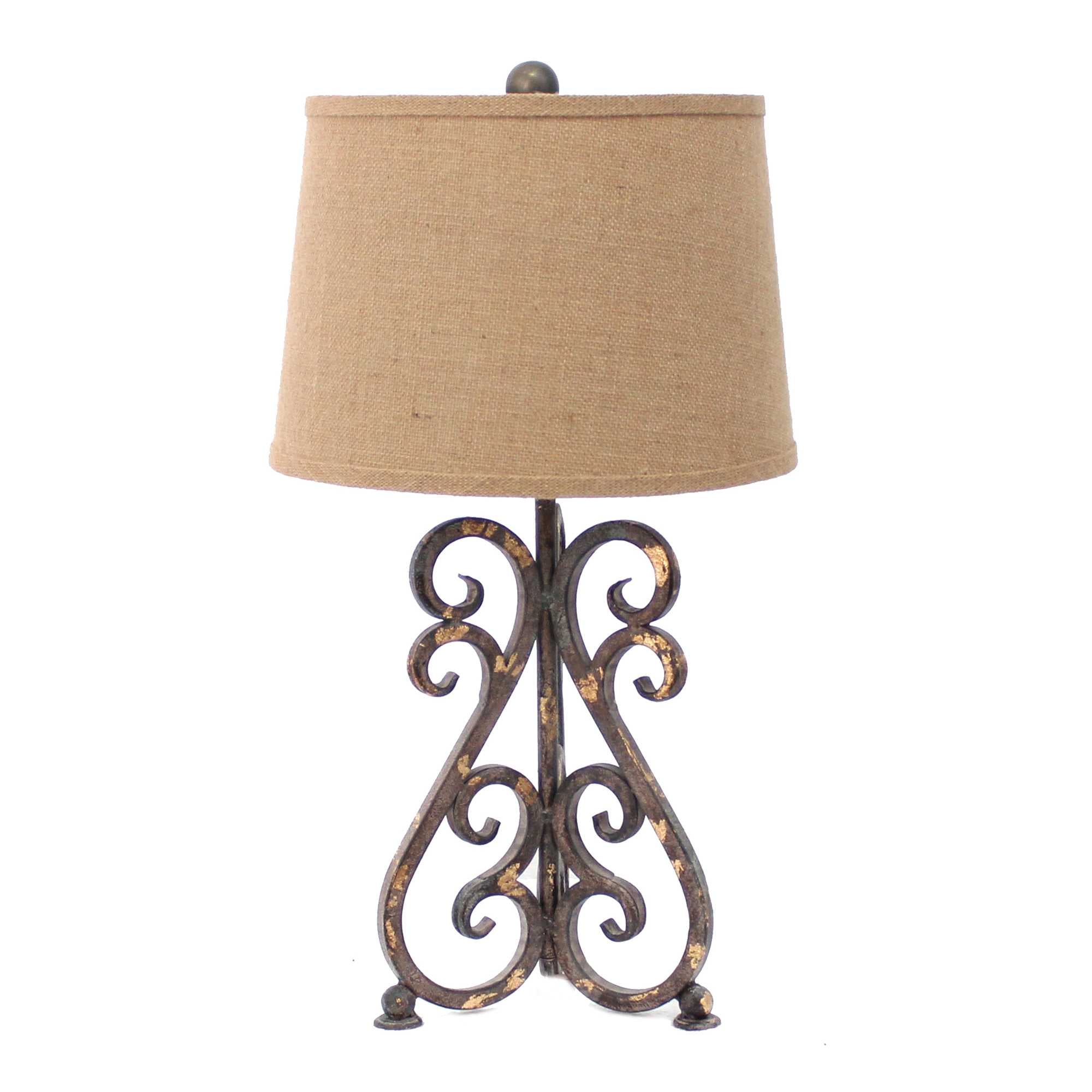 Bronze vintage metal table lamp with khaki linen shade and floral base, perfect for home decor.