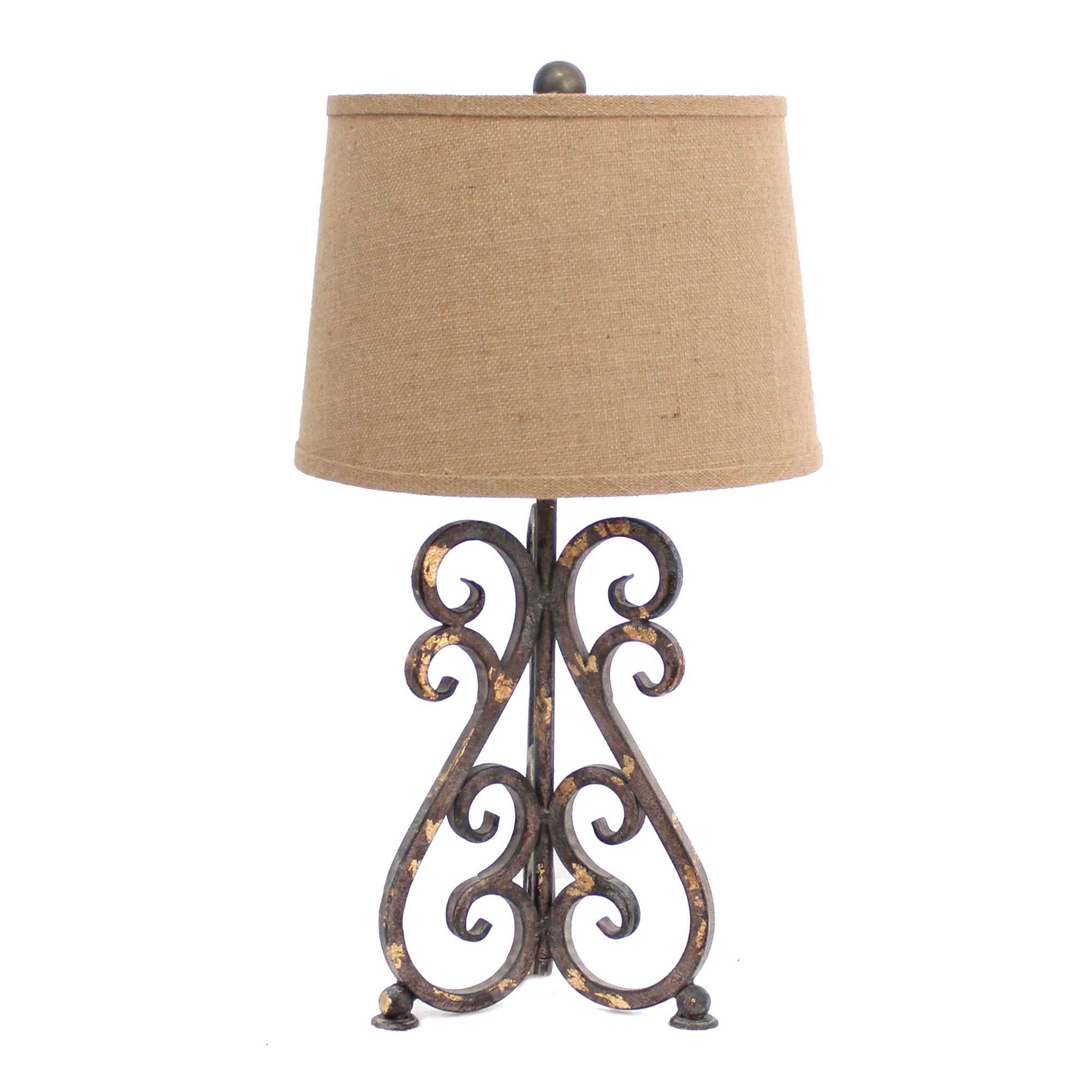 Bronze vintage metal table lamp with khaki linen shade and floral base, perfect for home decor.