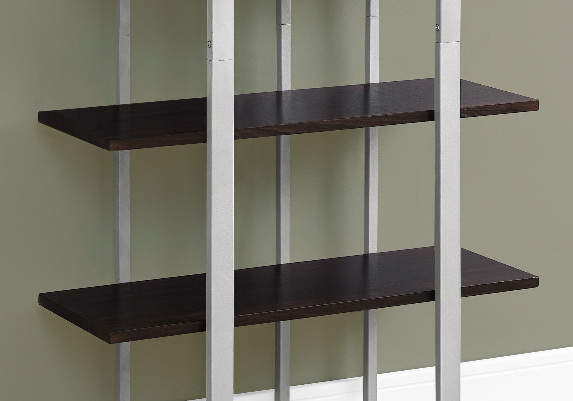 Cappuccino Silver MDF Metal Bookcase with four shelves, modern design, suitable for home or office use.