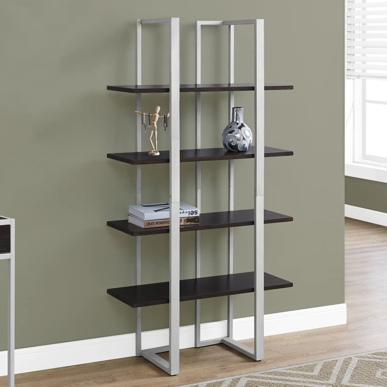 Cappuccino Silver MDF Metal Bookcase with four shelves, modern design, suitable for home or office use.