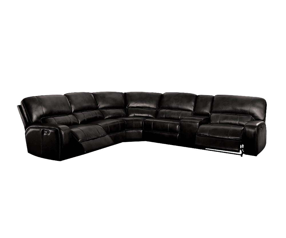 A luxurious black leather-aire motion sofa with plush cushions and USB docks on both sides, designed for modern living rooms.