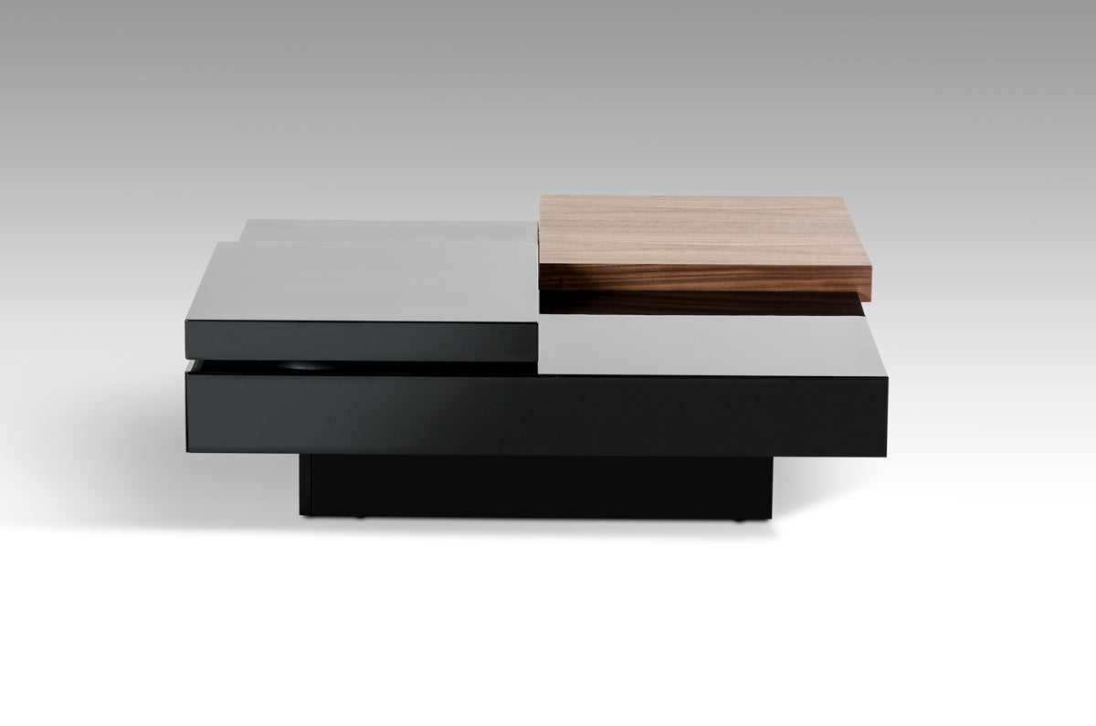 A stylish 13-inch coffee table made of walnut and black MDF and veneer, featuring a contemporary design with shelves for storage.